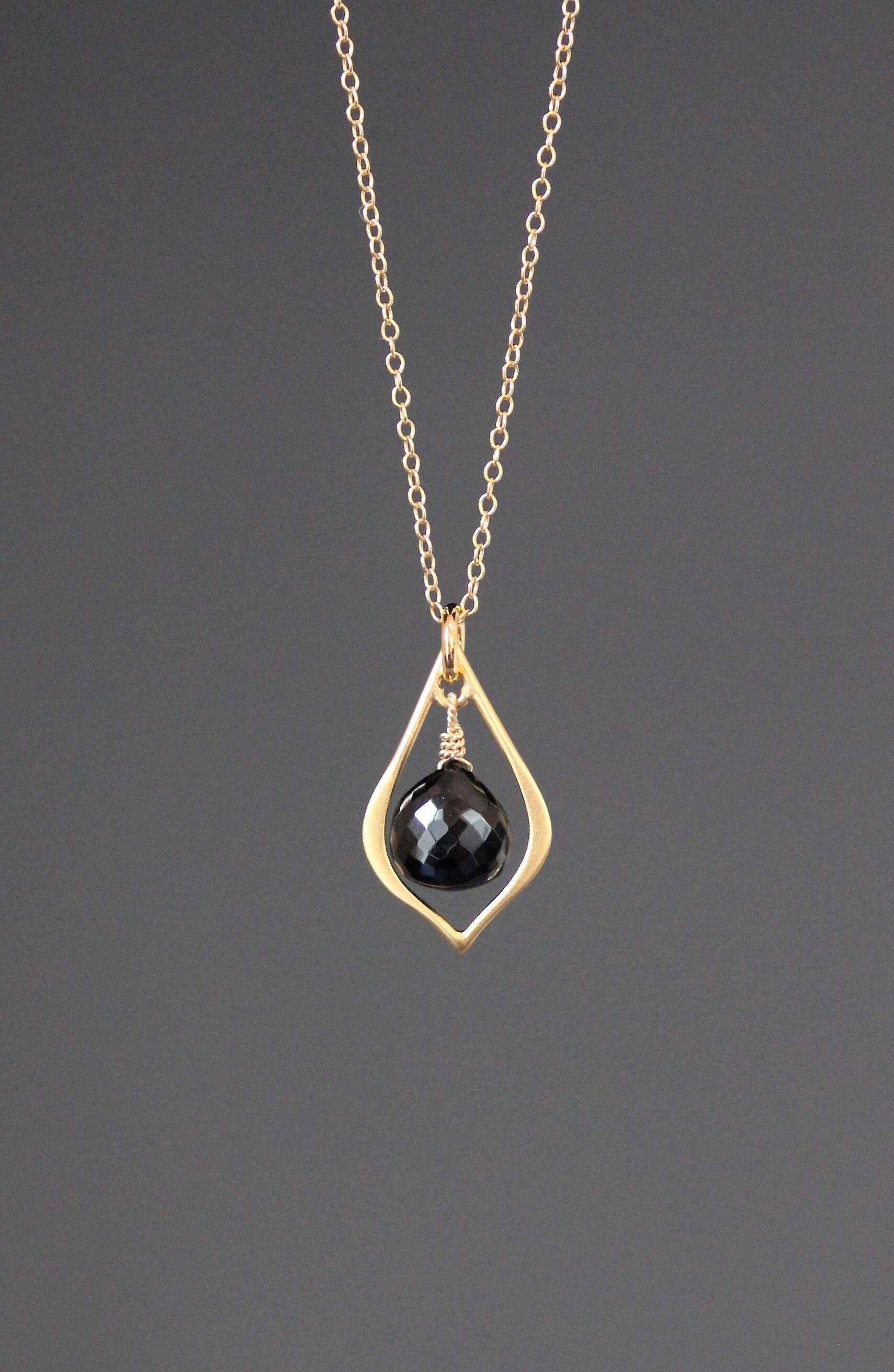 Black Spinel Teardrop Pendant Necklace in Matte Gold Vermeil on Gold Filled Chain