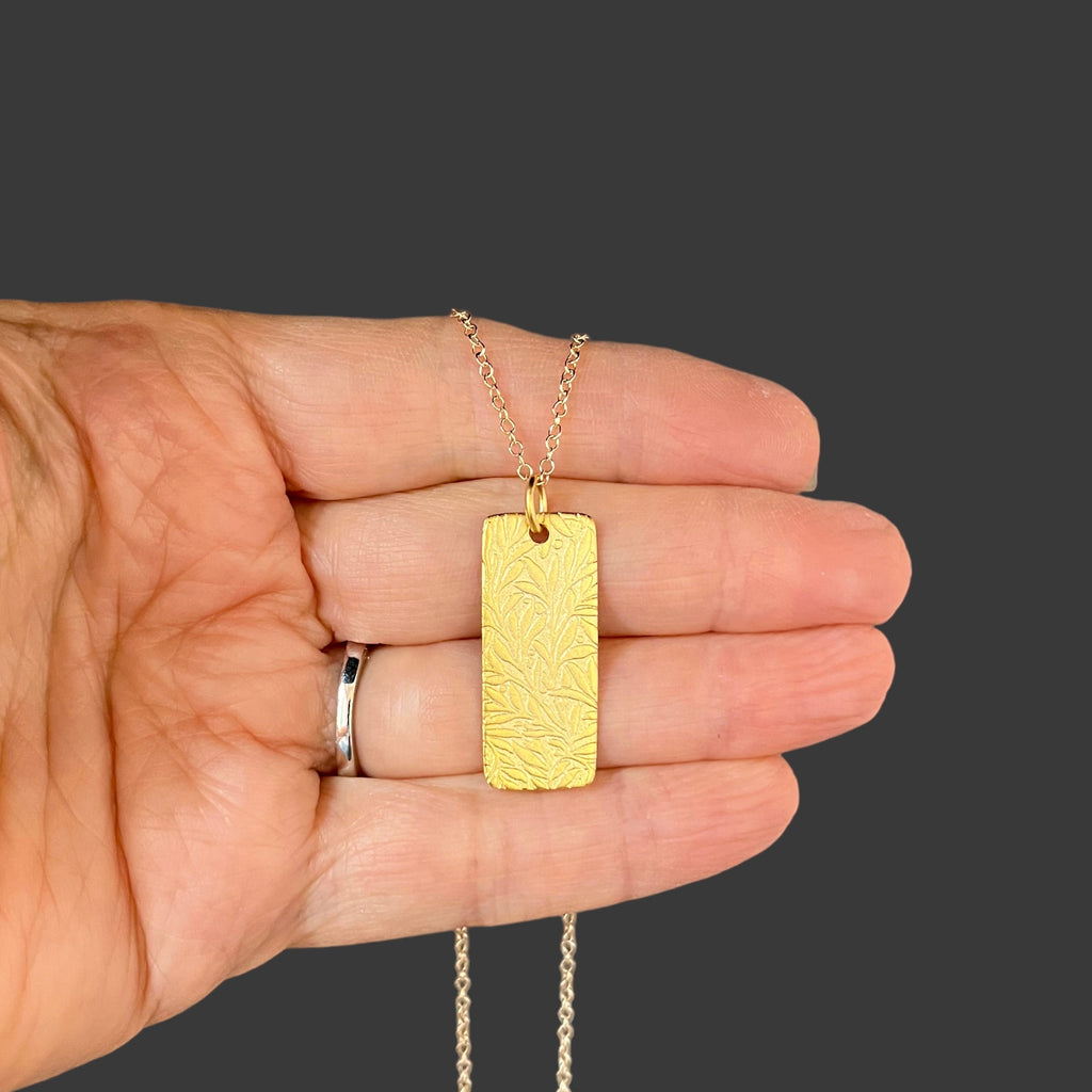 Matte Gold Vermeil Stamped Leaf Pendant Necklace on Gold Filled Chain