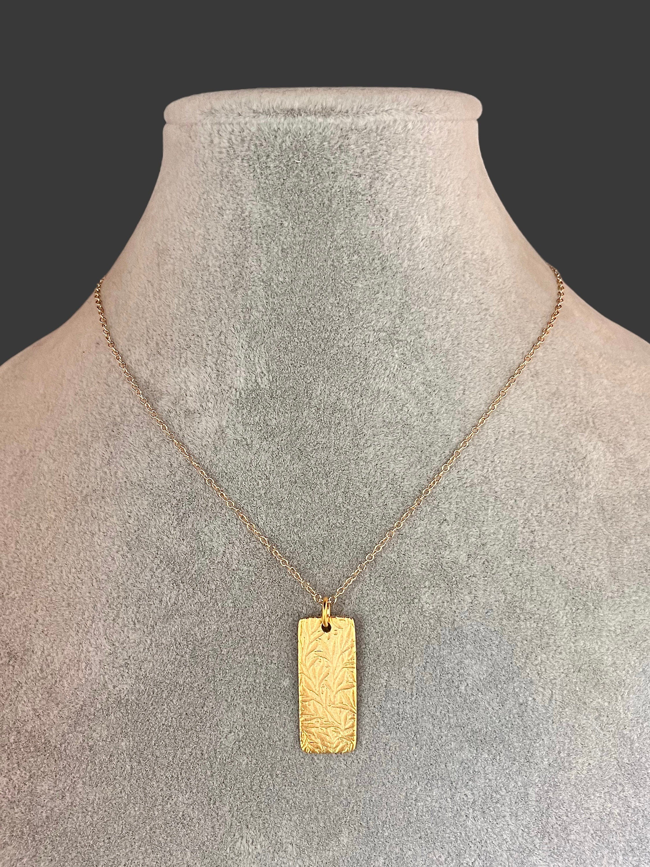 Matte Gold Vermeil Stamped Leaf Pendant Necklace on Gold Filled Chain