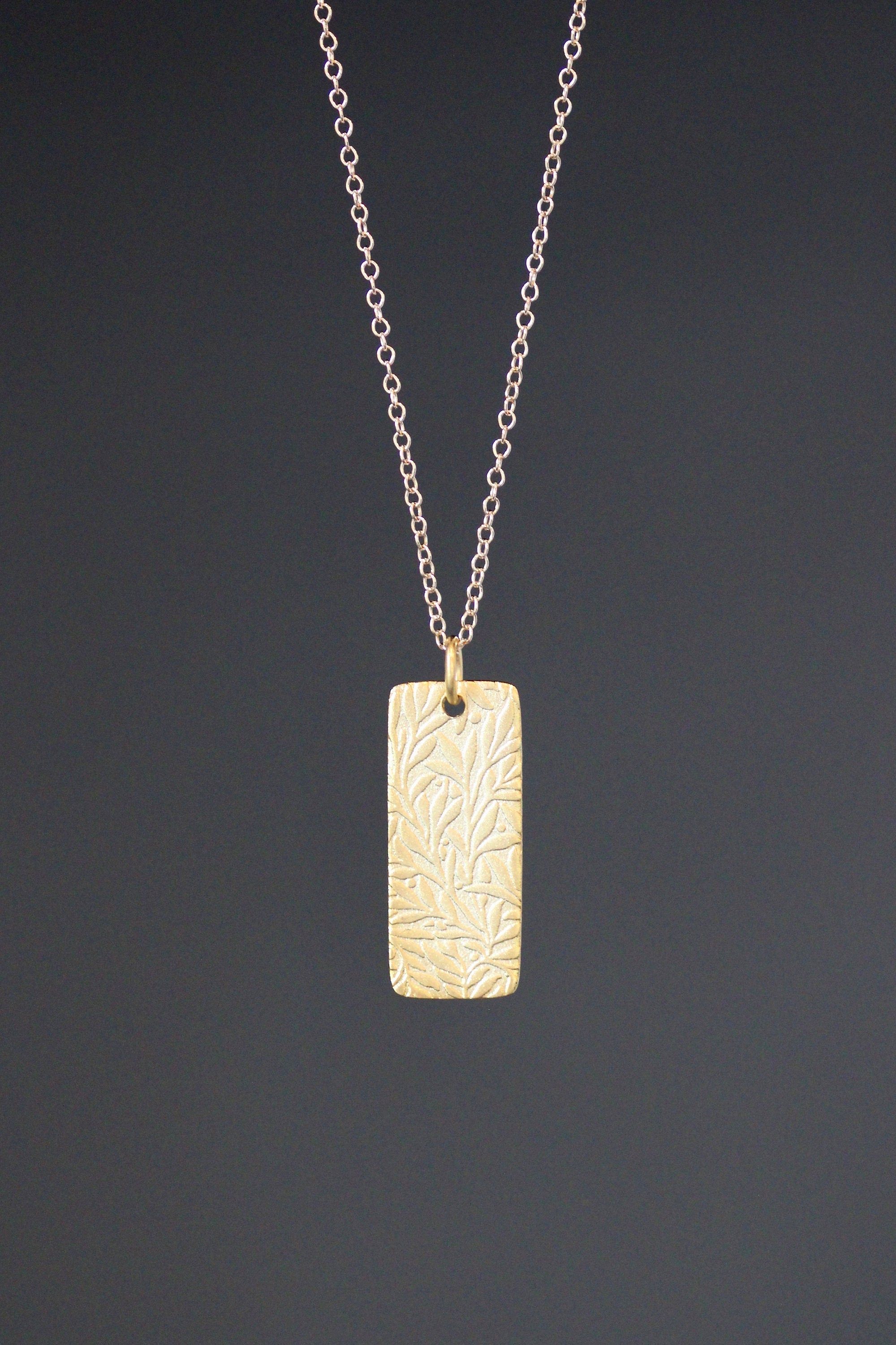 Matte Gold Vermeil Stamped Leaf Pendant Necklace on Gold Filled Chain