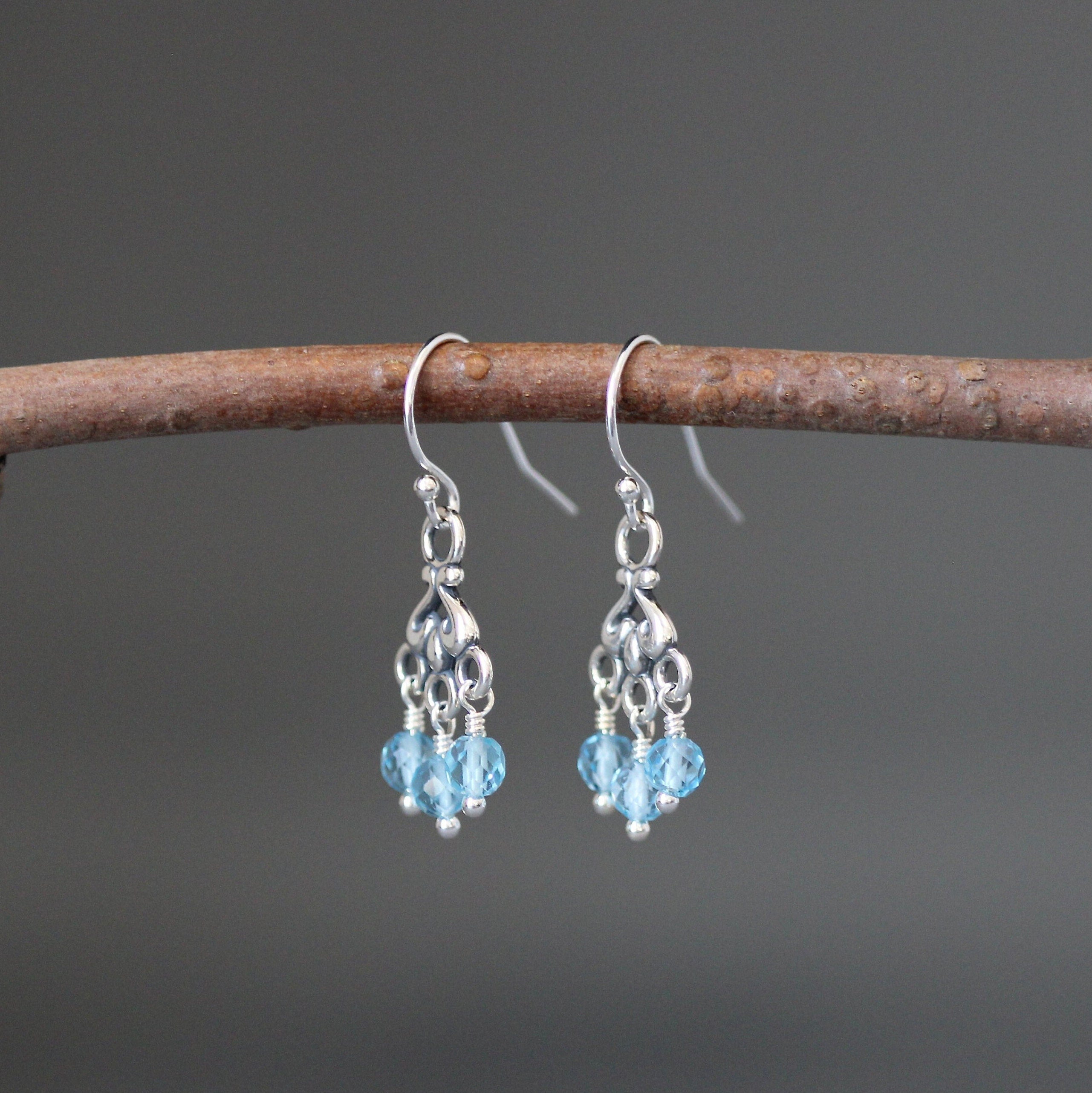 Blue Topaz Dangle Earrings on Bali Silver Chandelier Links