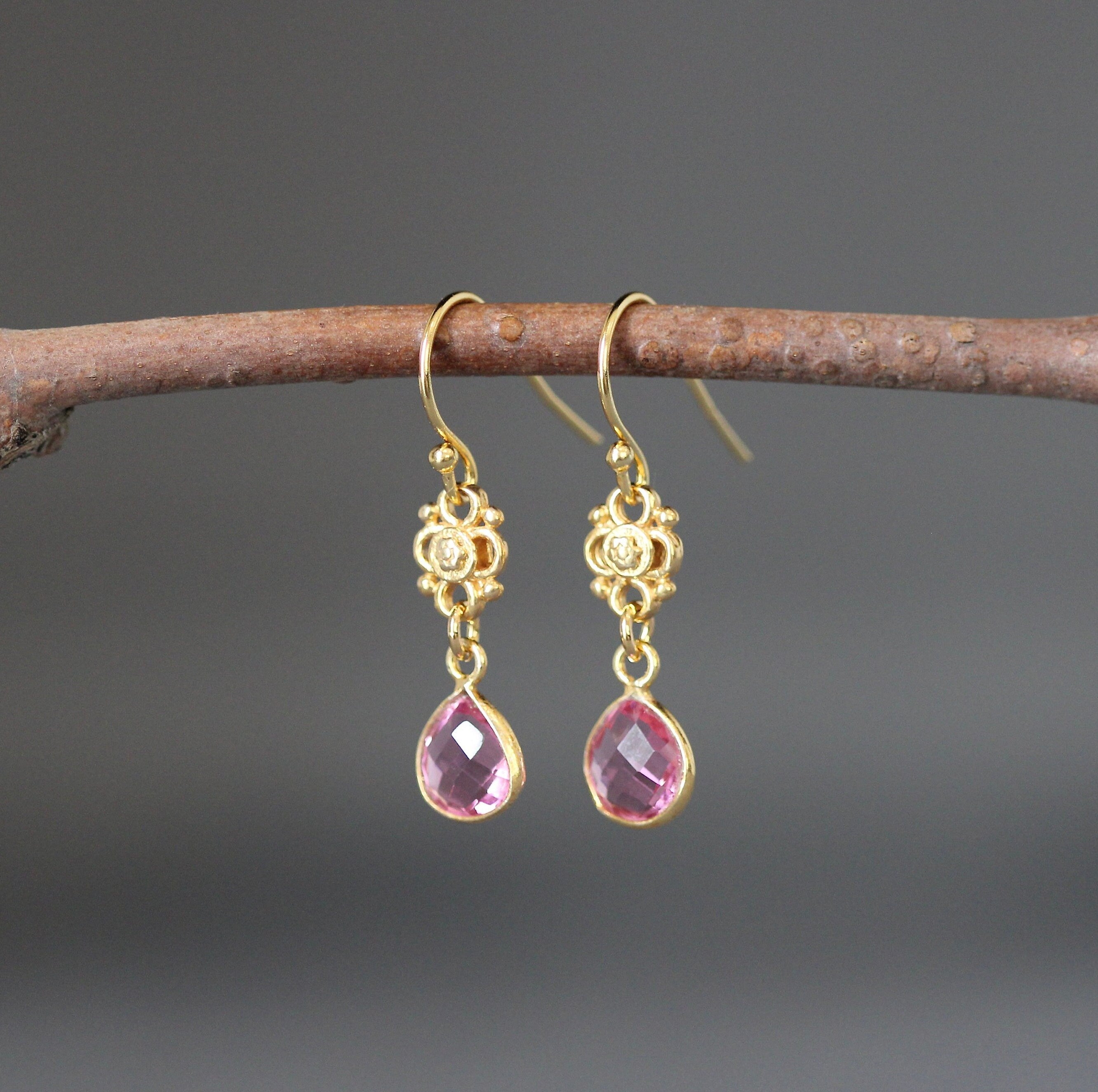 Hot Pink Quartz Teardrop Earrings in Gold Vermeil Bezels