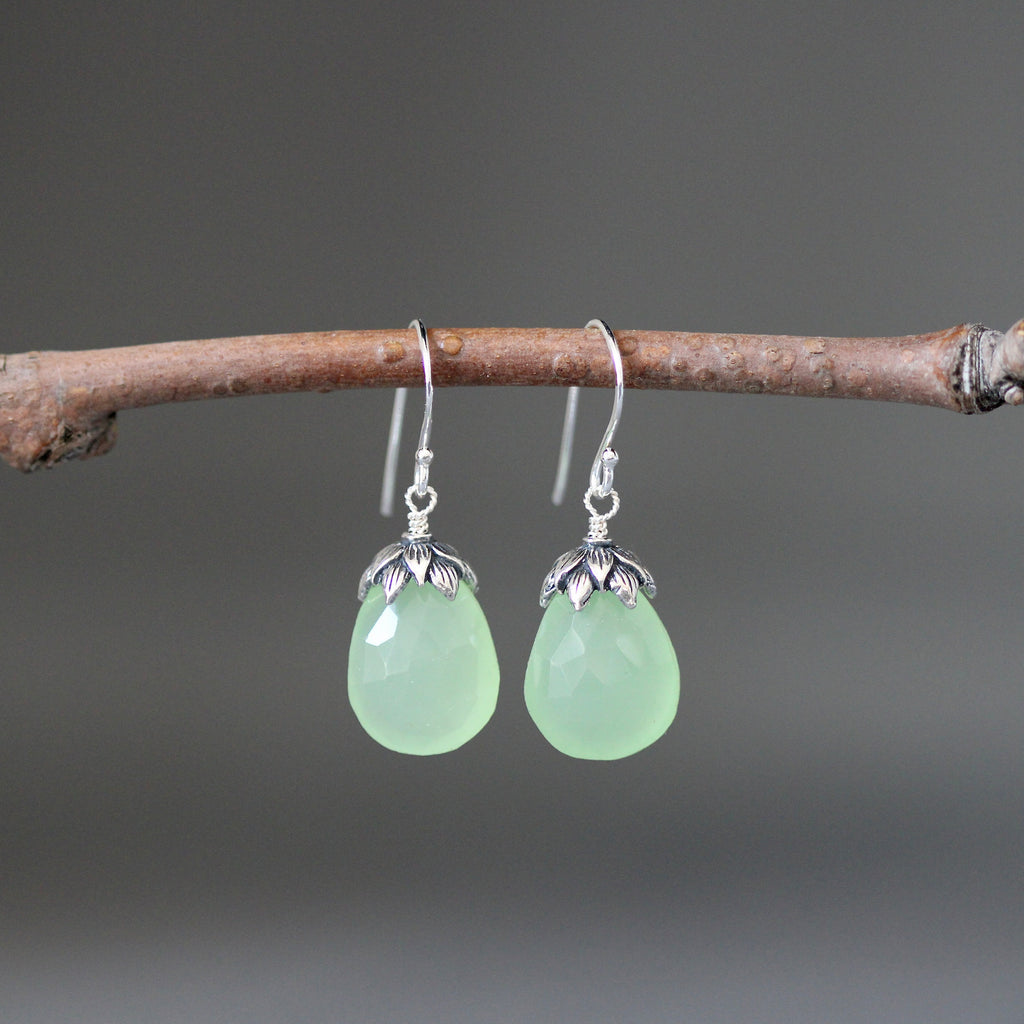 Green Chalcedony Teardrop Dangle Earrings with Bali Sterling Silver Caps