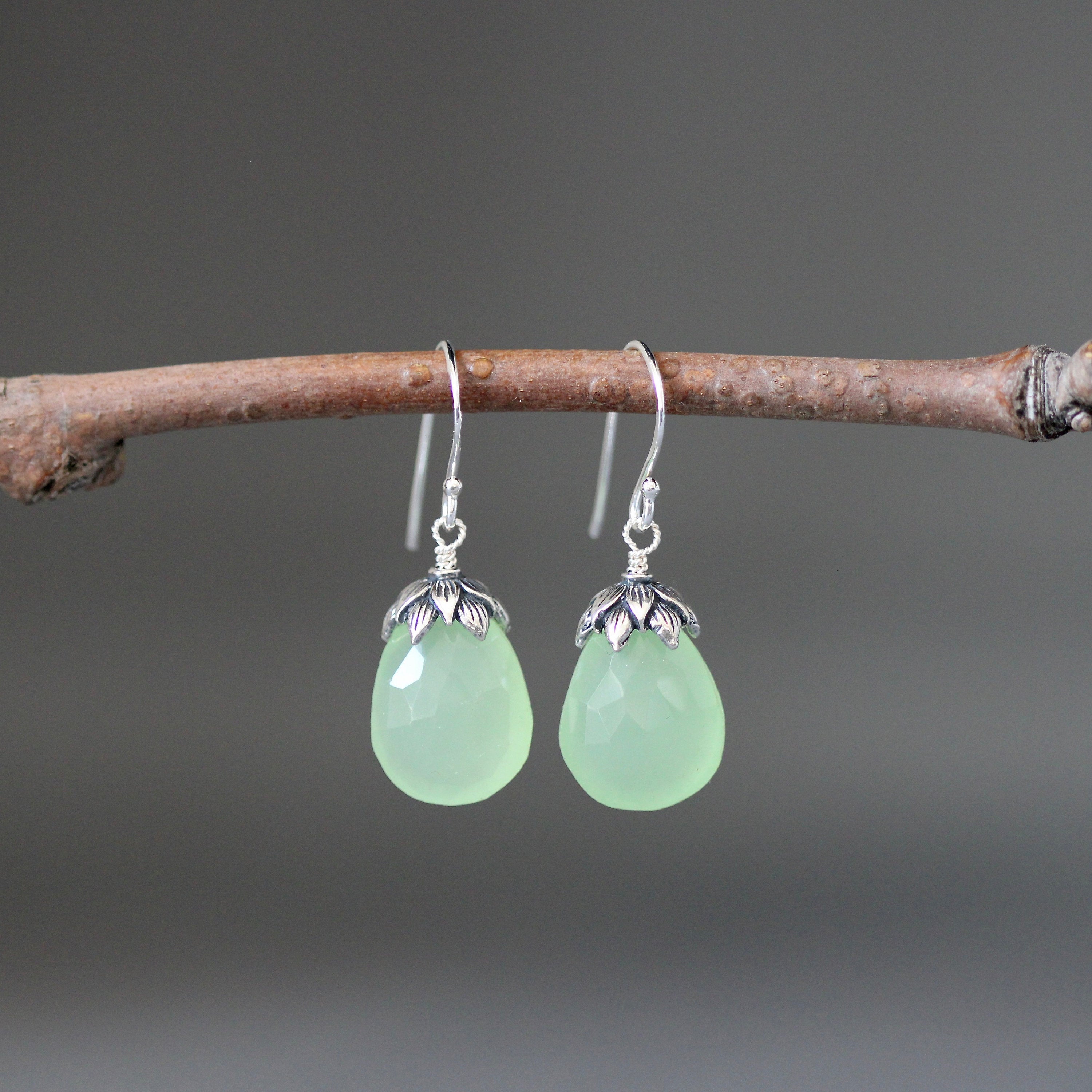 Green Chalcedony Teardrop Dangle Earrings with Bali Sterling Silver Caps