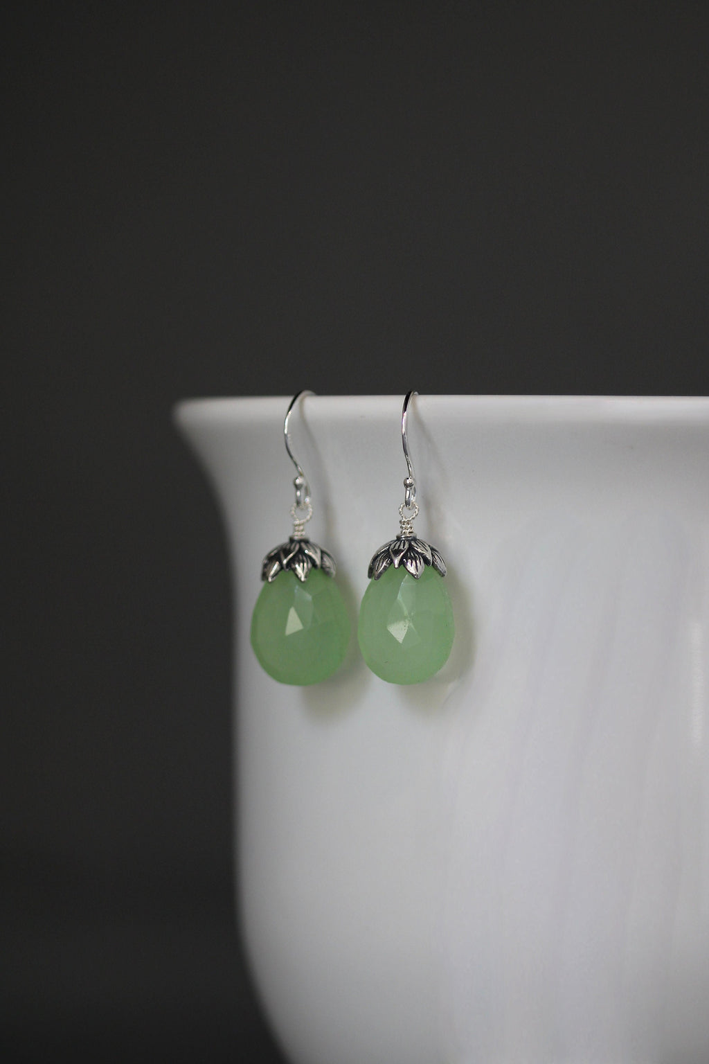 Green Chalcedony Teardrop Dangle Earrings with Bali Sterling Silver Caps