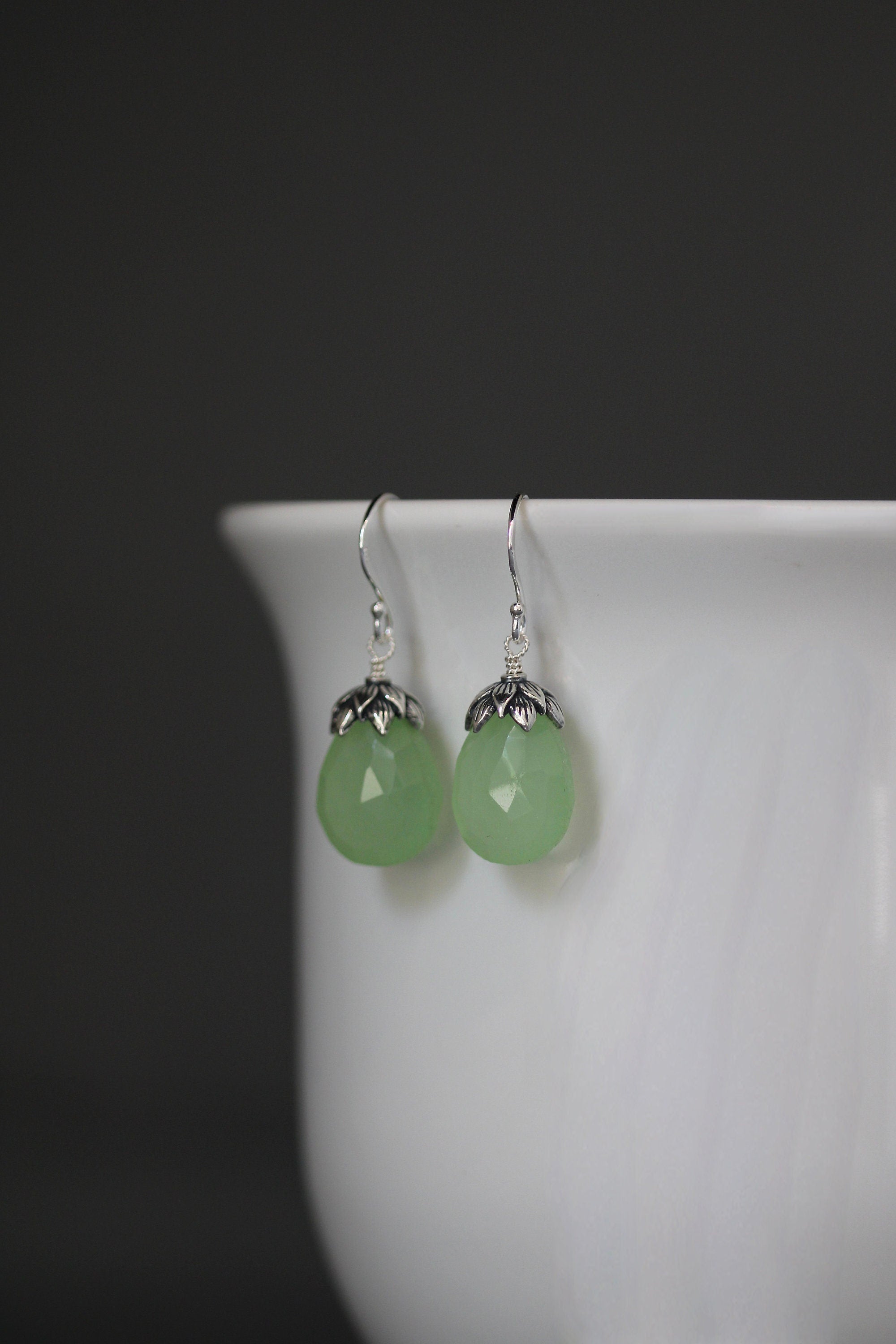 Green Chalcedony Teardrop Dangle Earrings with Bali Sterling Silver Caps