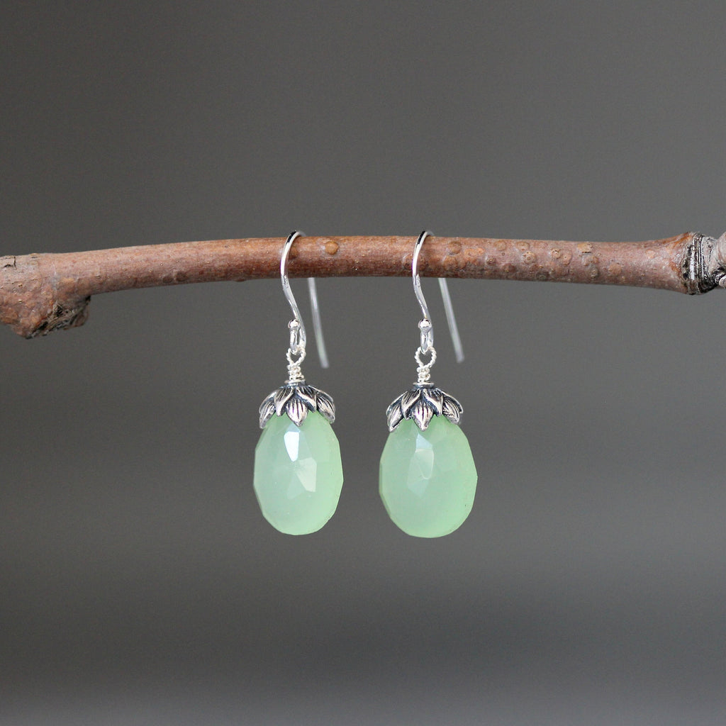 Green Chalcedony Teardrop Dangle Earrings with Bali Sterling Silver Caps