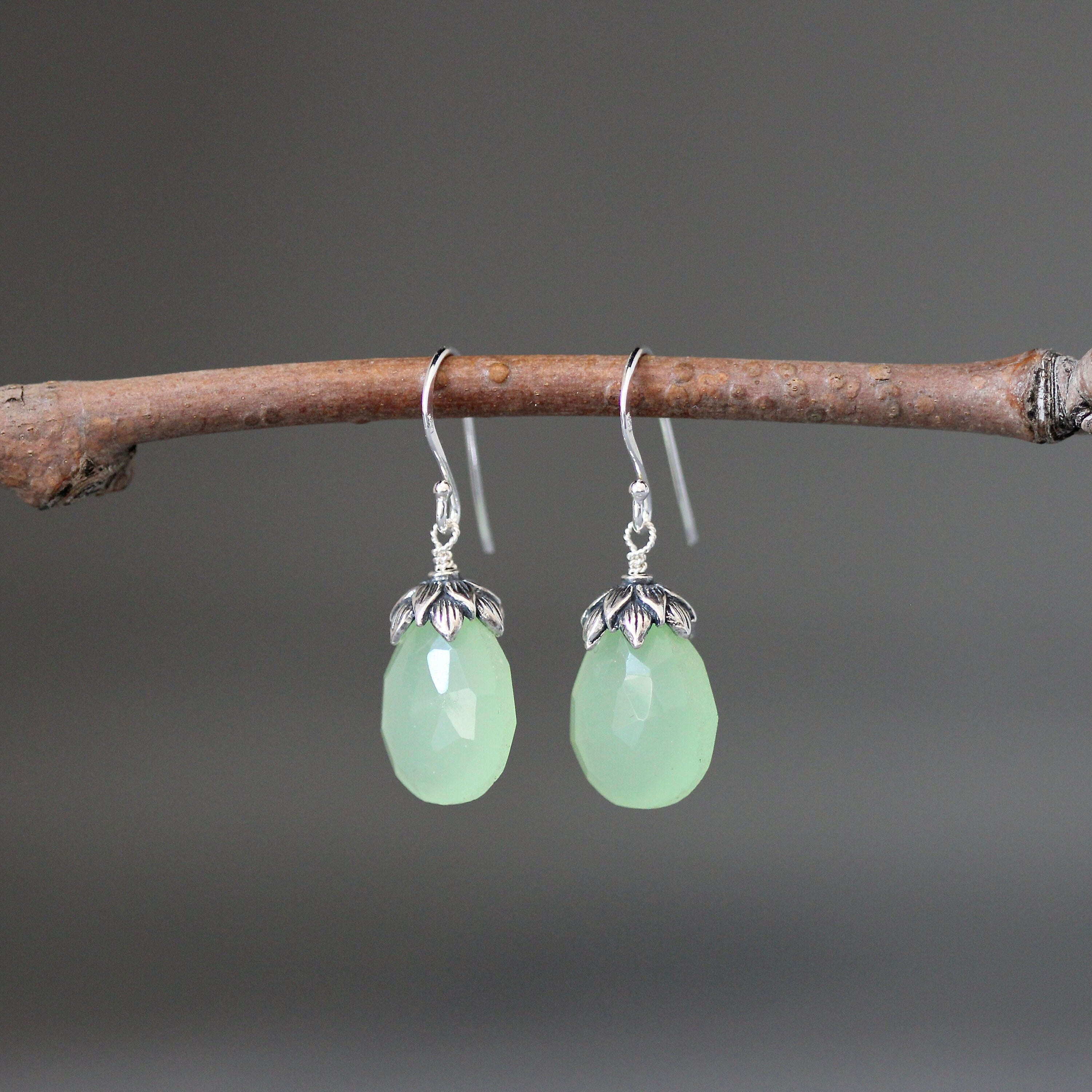 Green Chalcedony Teardrop Dangle Earrings with Bali Sterling Silver Caps