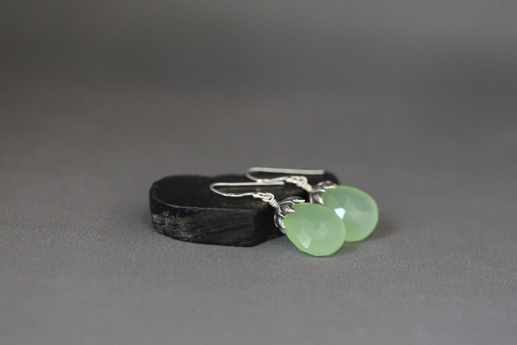 Green Chalcedony Teardrop Dangle Earrings with Bali Sterling Silver Caps