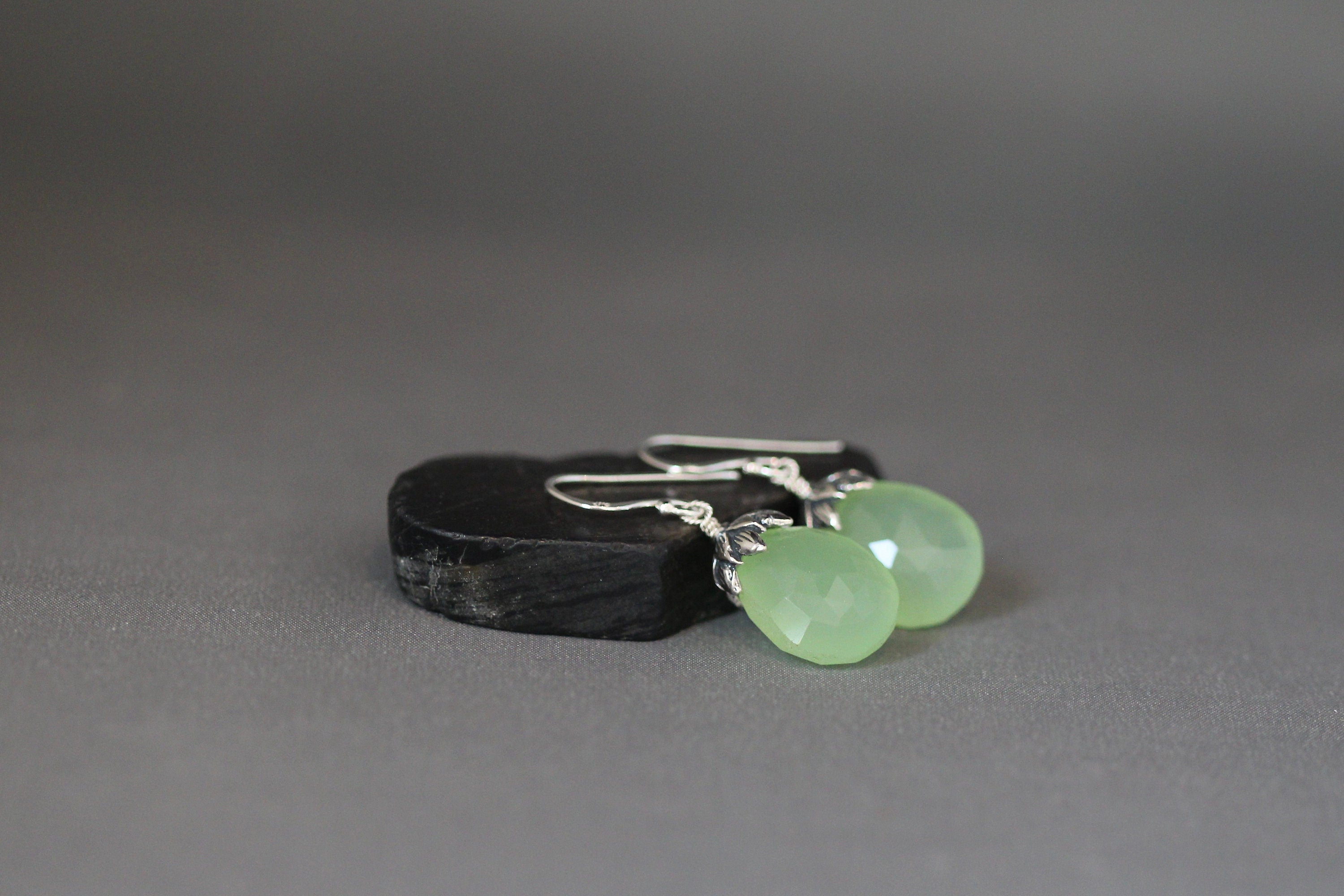 Green Chalcedony Teardrop Dangle Earrings with Bali Sterling Silver Caps