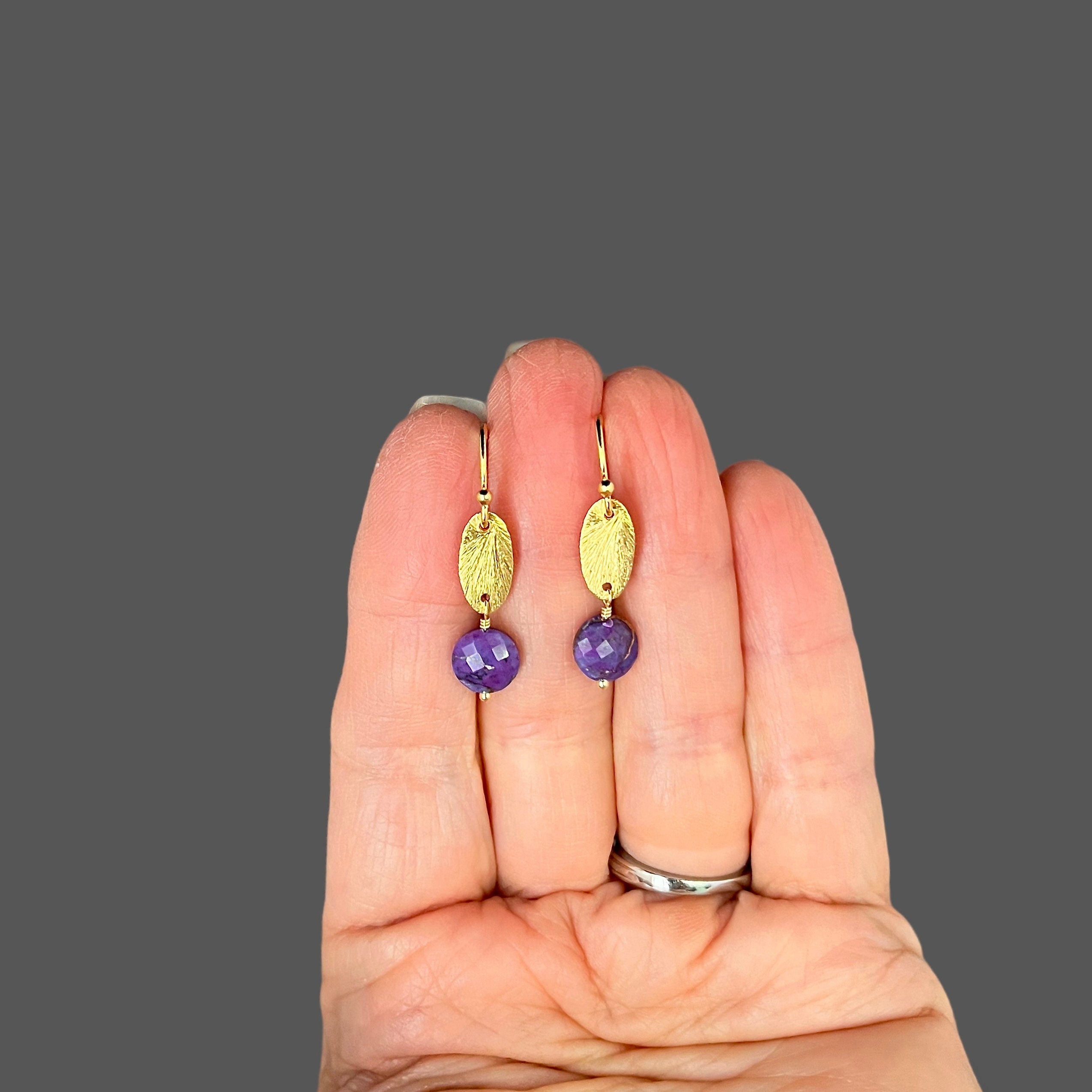 Purple Copper Turquoise Coin Earrings on Brushed Gold Vermeil Oval Links