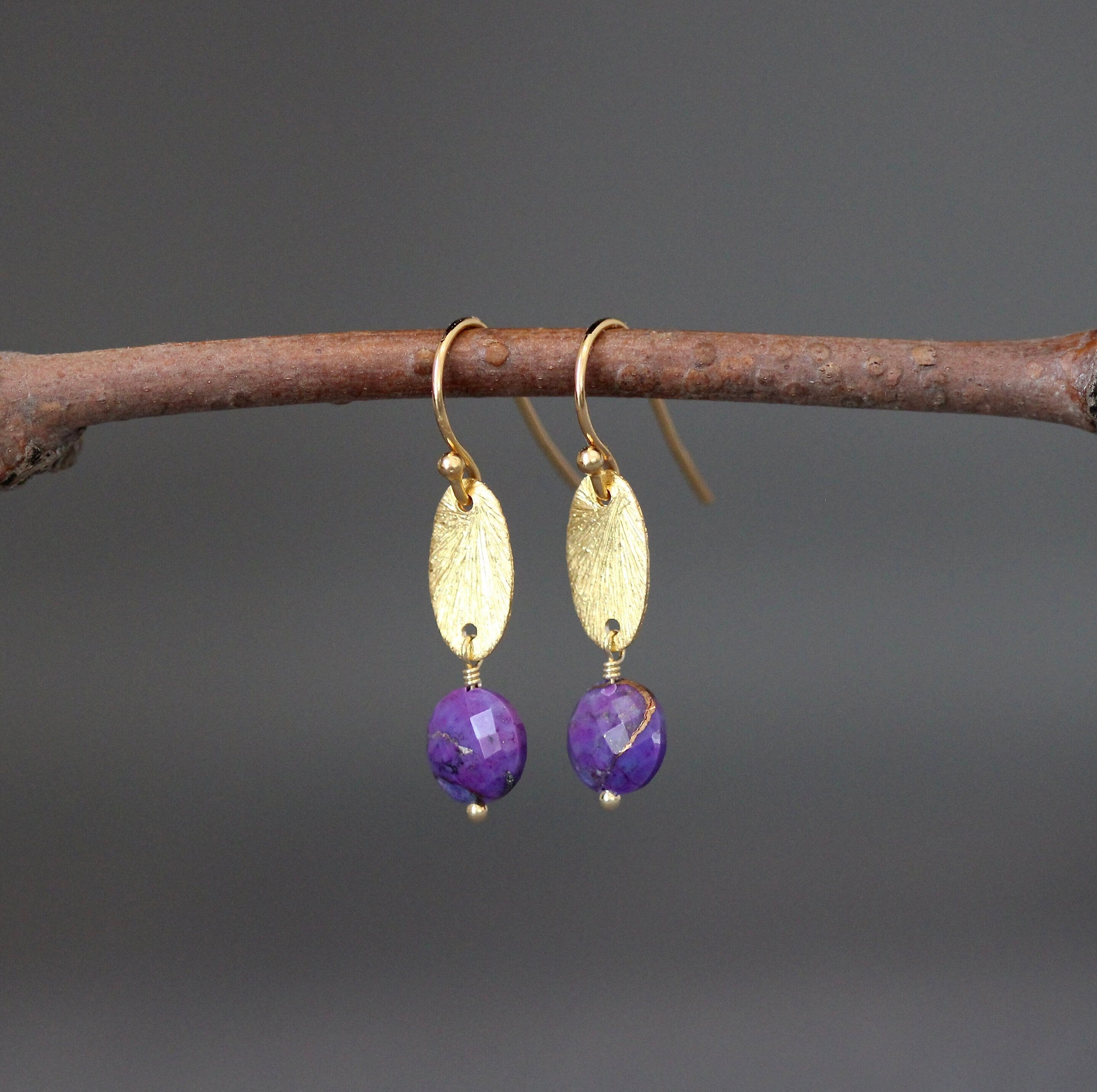 Purple Copper Turquoise Coin Earrings on Brushed Gold Vermeil Oval Links