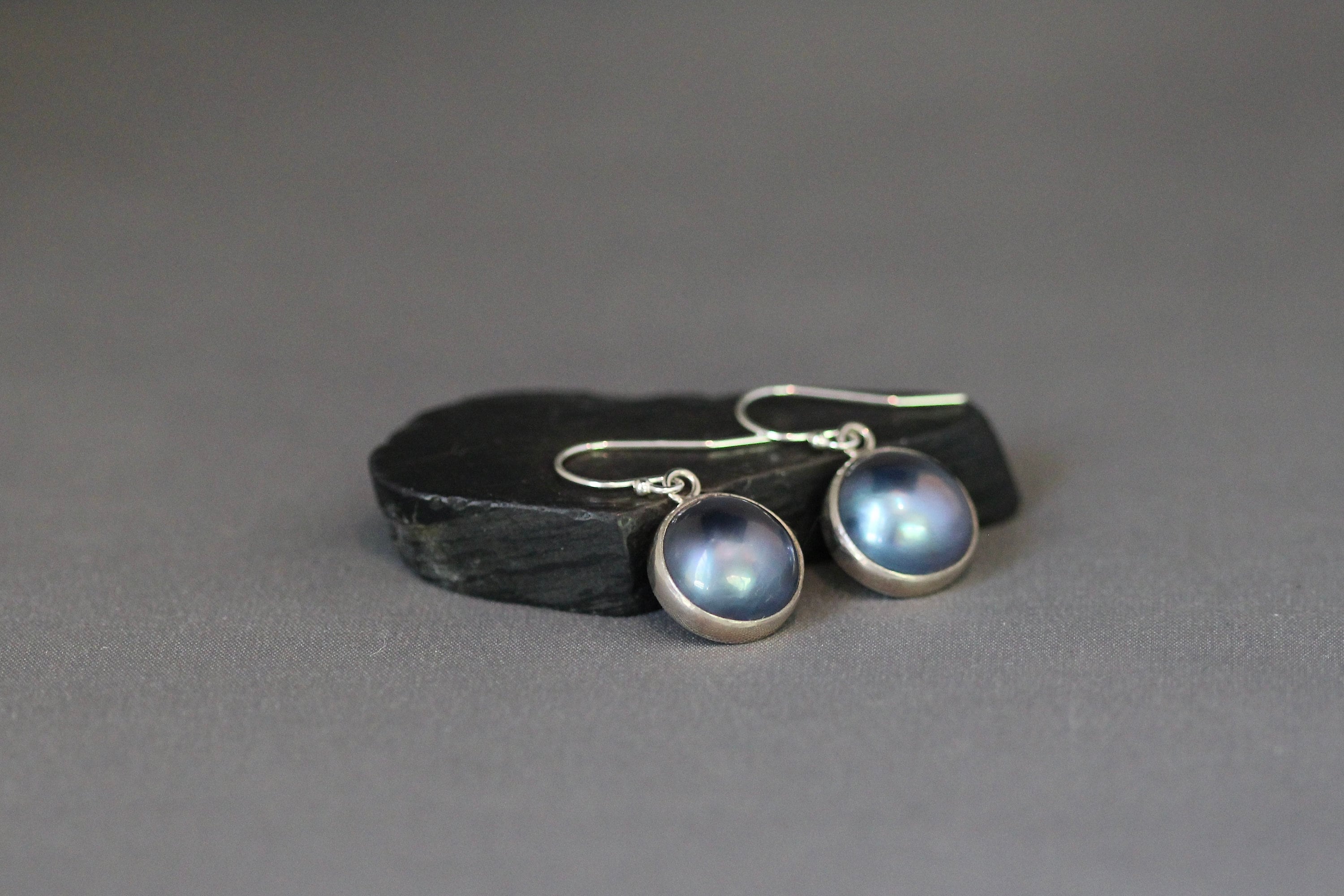 Gray and Black Freshwater Pearl Bezel Earrings in Bali Sterling Silver
