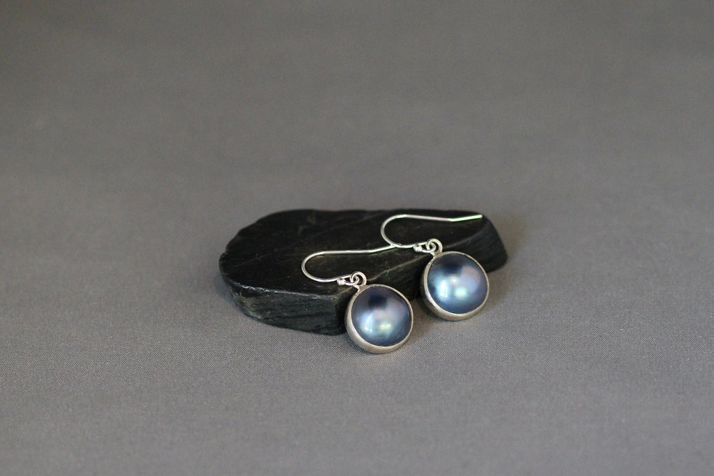 Gray and Black Freshwater Pearl Bezel Earrings in Bali Sterling Silver