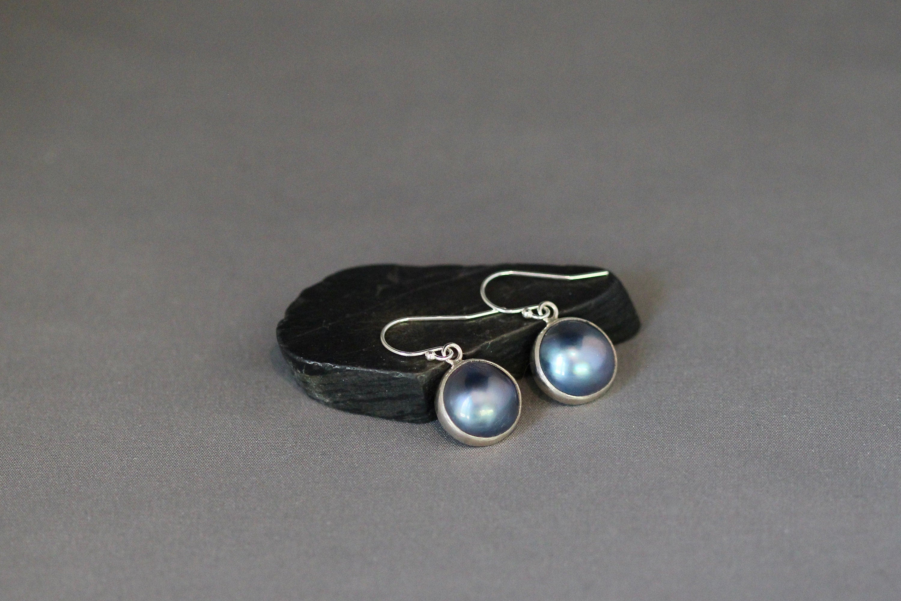 Gray and Black Freshwater Pearl Bezel Earrings in Bali Sterling Silver