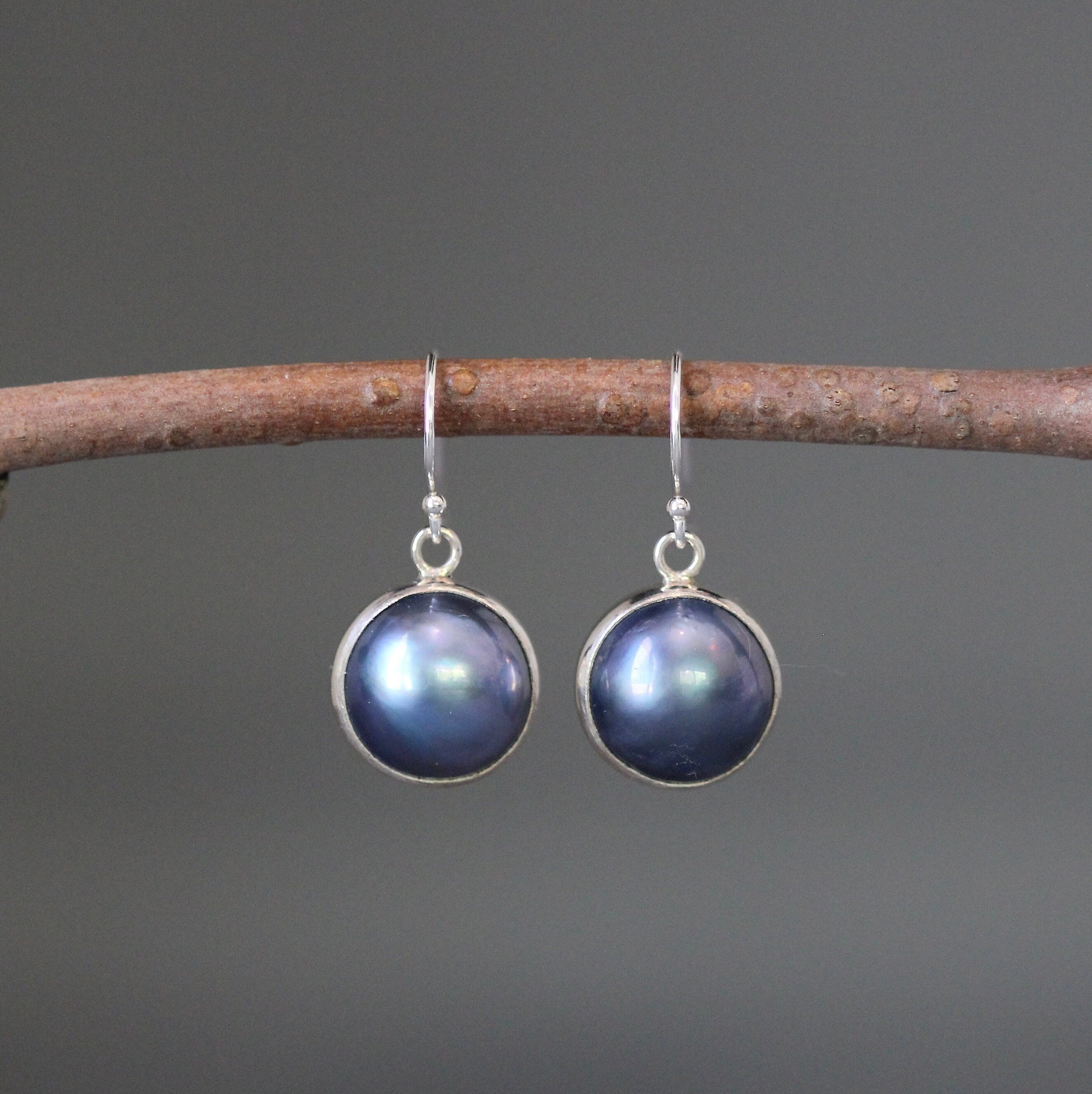 Gray and Black Freshwater Pearl Bezel Earrings in Bali Sterling Silver