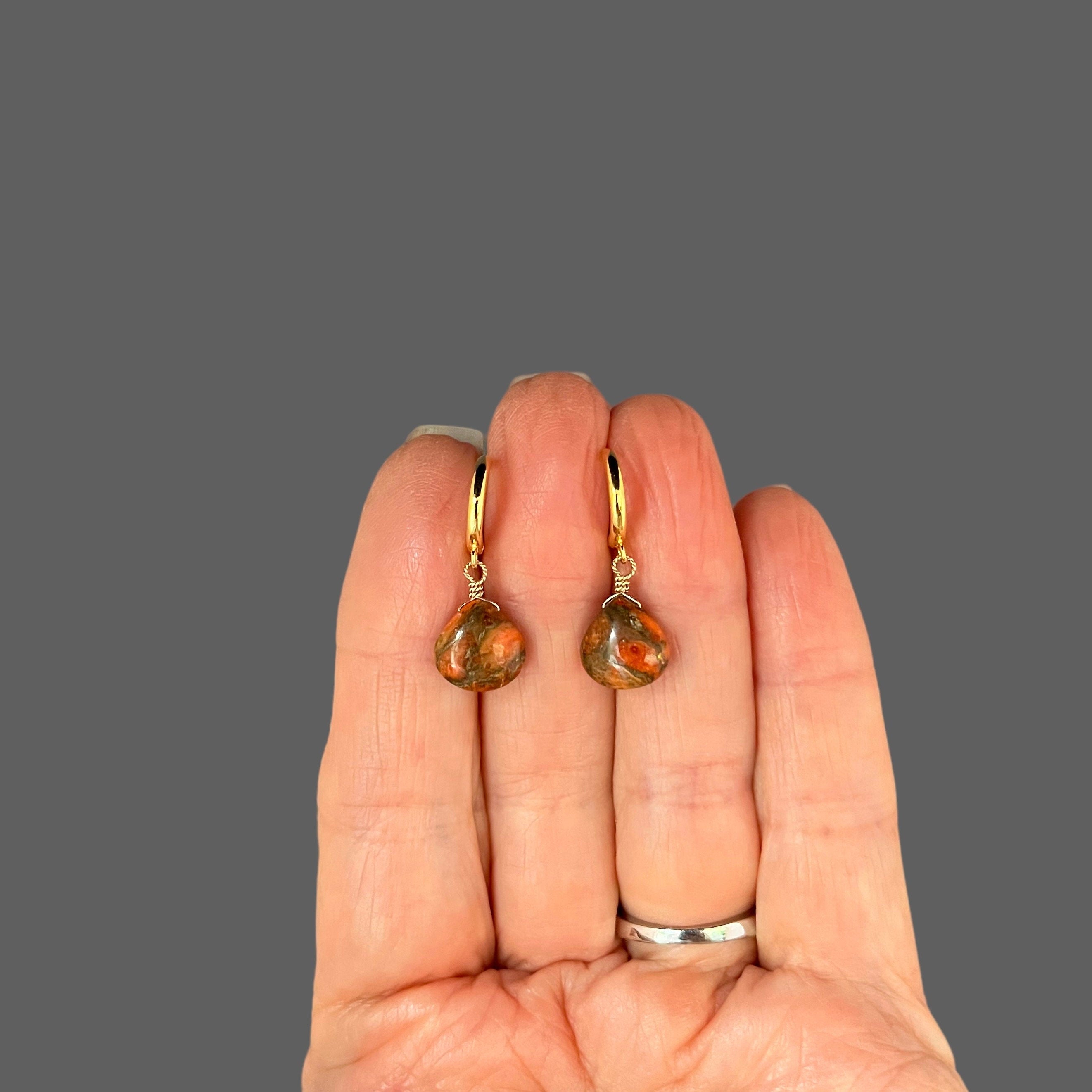 Orange Copper Turquoise Teardrop Earrings on Gold Vermeil Huggie Hoops