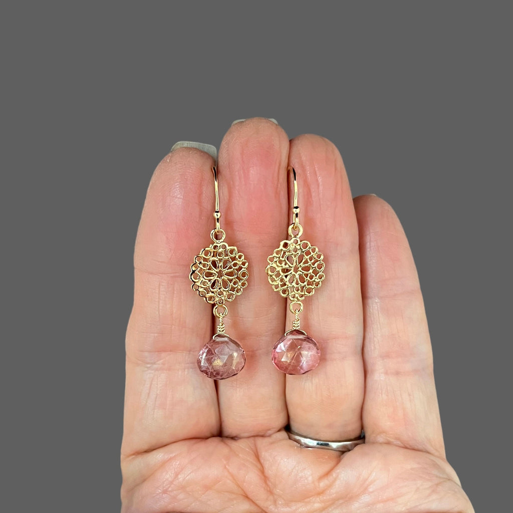 Pink Mystic Quartz Teardrop Earrings on Gold Vermeil Filigree Links