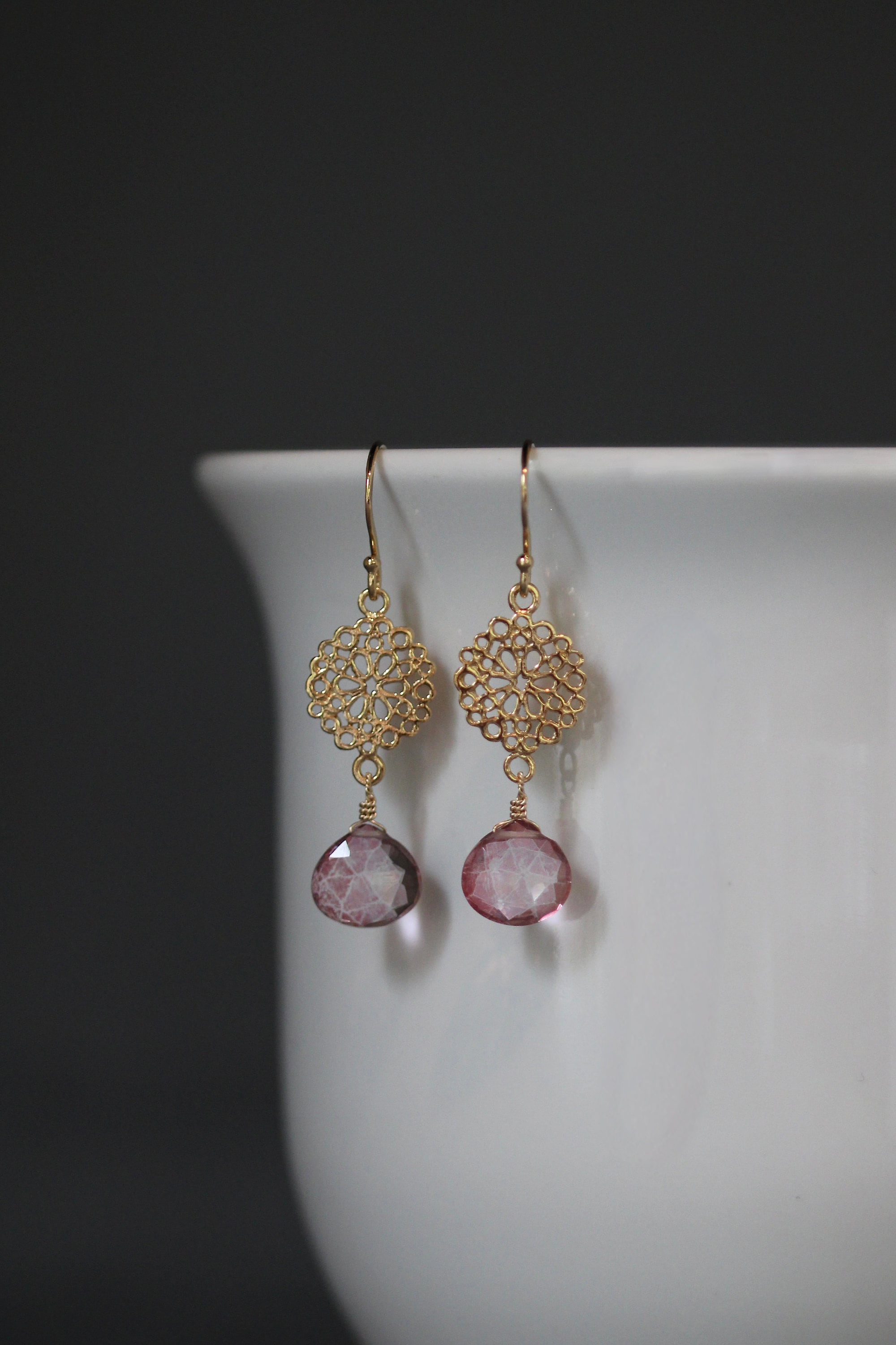 Pink Mystic Quartz Teardrop Earrings on Gold Vermeil Filigree Links