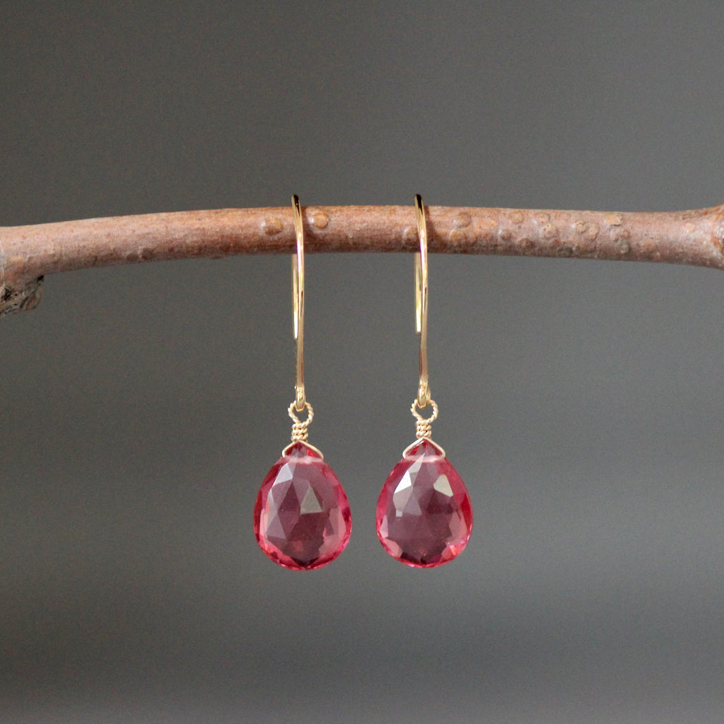 Hot Pink Quartz Teardrop Earrings on Long Gold Vermeil Earwires