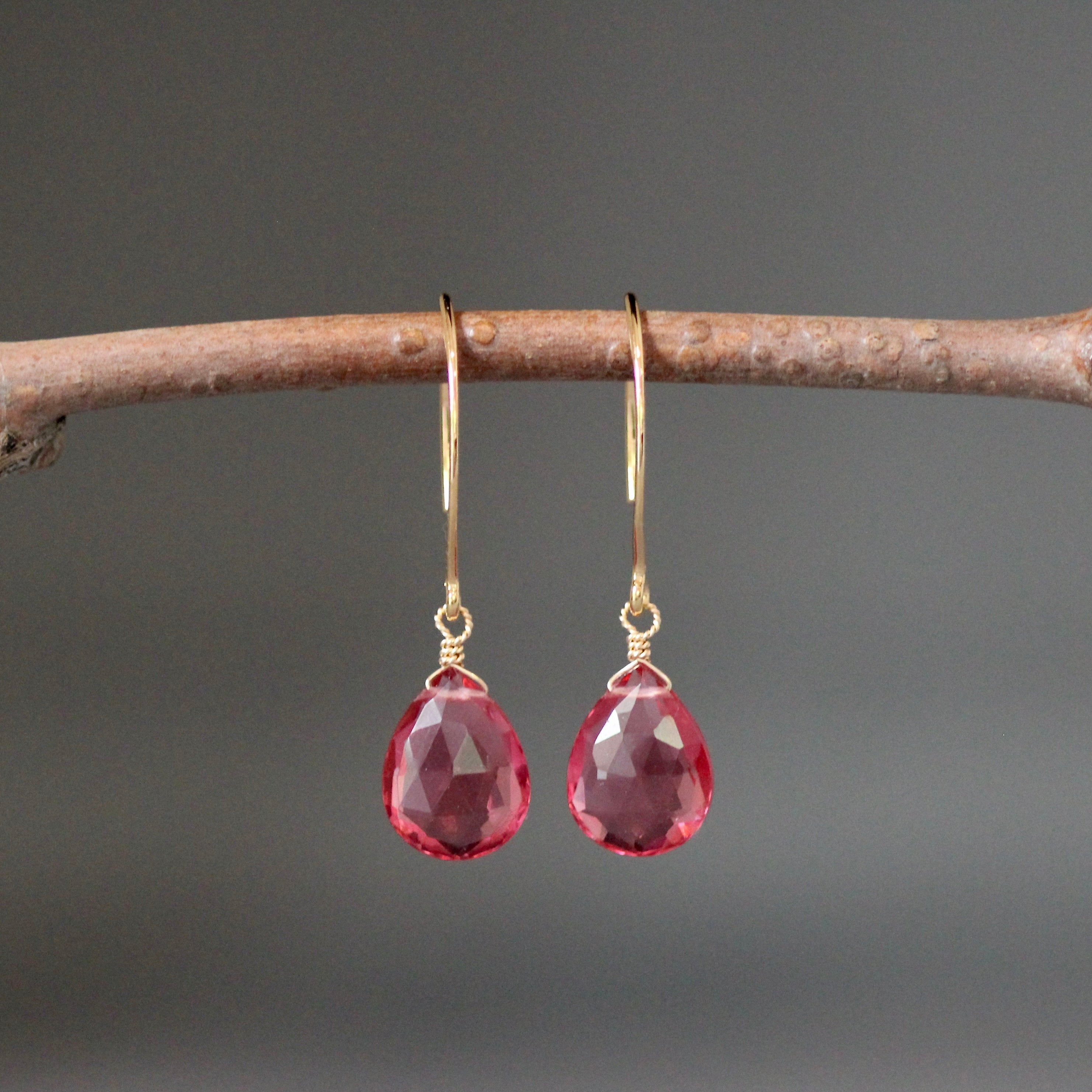 Hot Pink Quartz Teardrop Earrings on Long Gold Vermeil Earwires