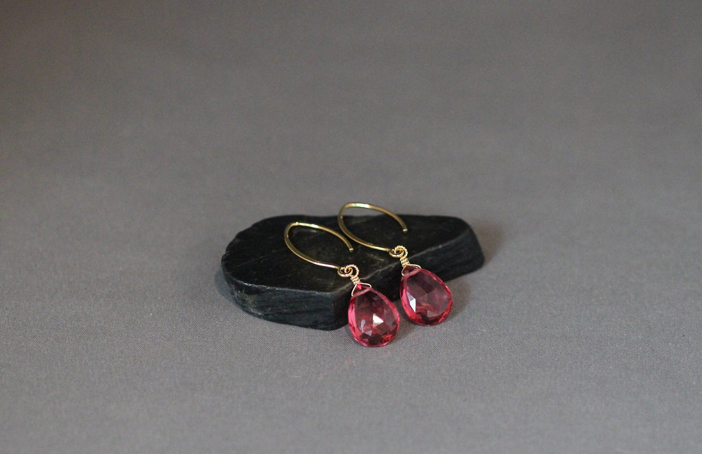Hot Pink Quartz Teardrop Earrings on Long Gold Vermeil Earwires