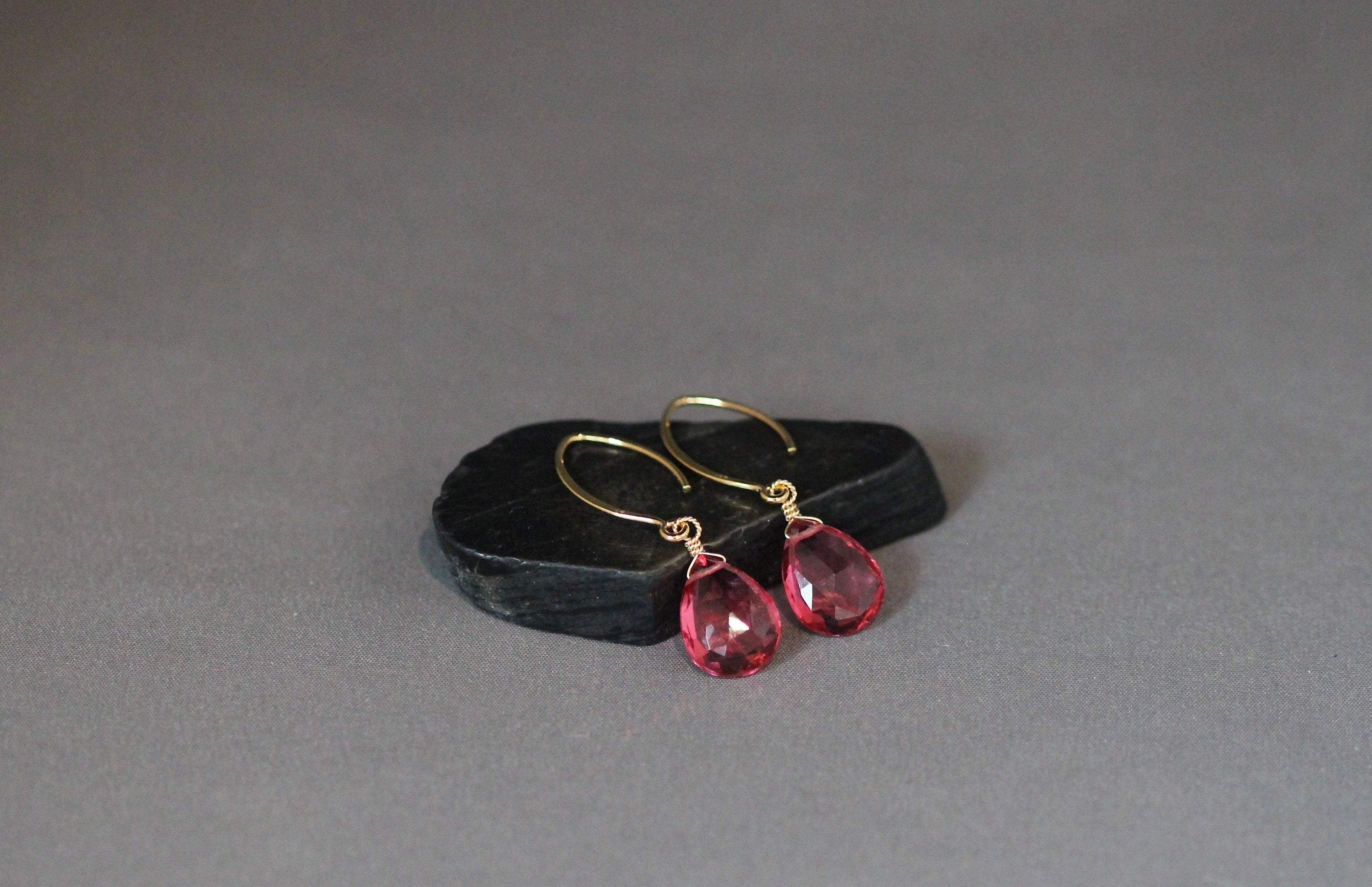 Hot Pink Quartz Teardrop Earrings on Long Gold Vermeil Earwires