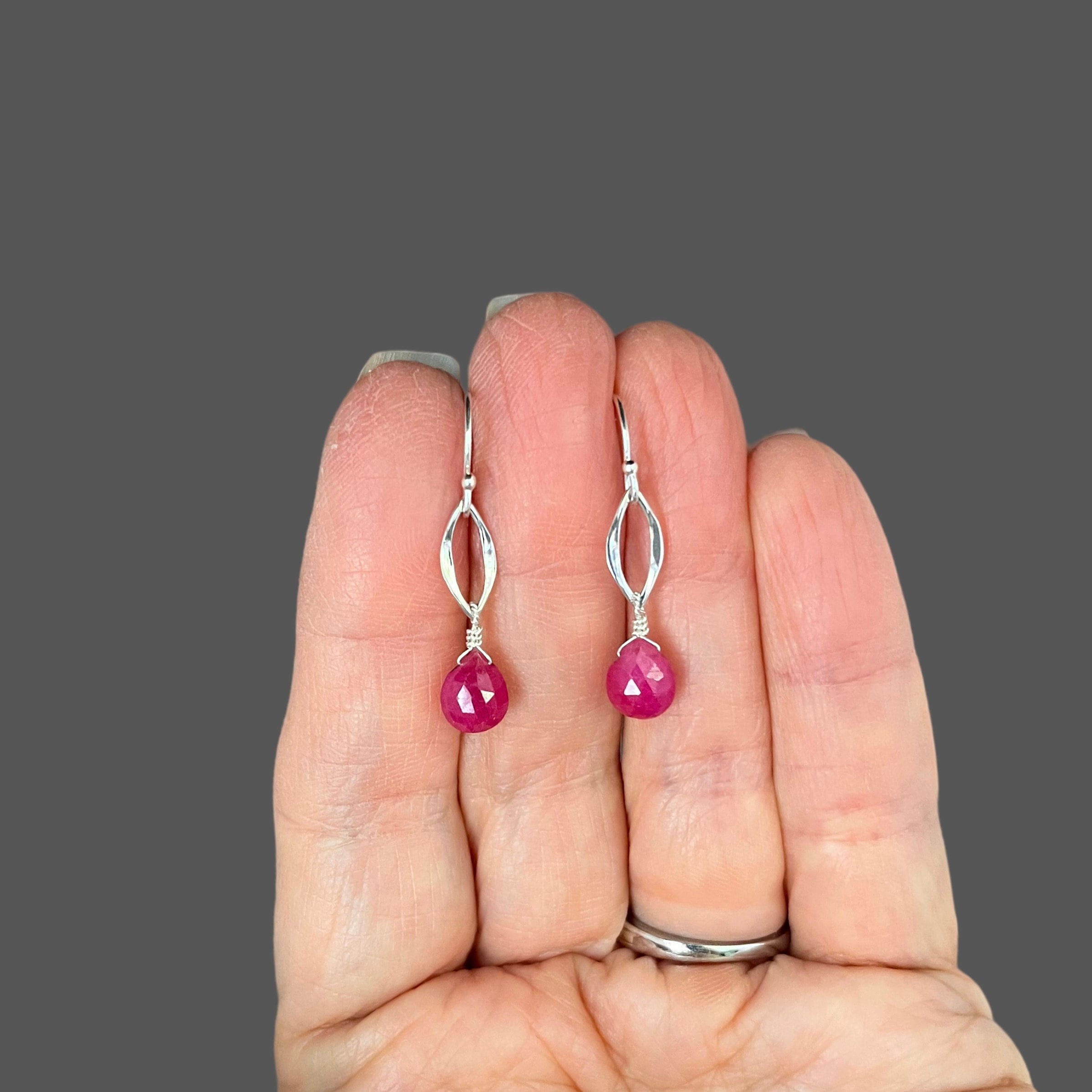 Pink Ruby Teardrop and Sterling Silver Marquise Link Dangle Earrings