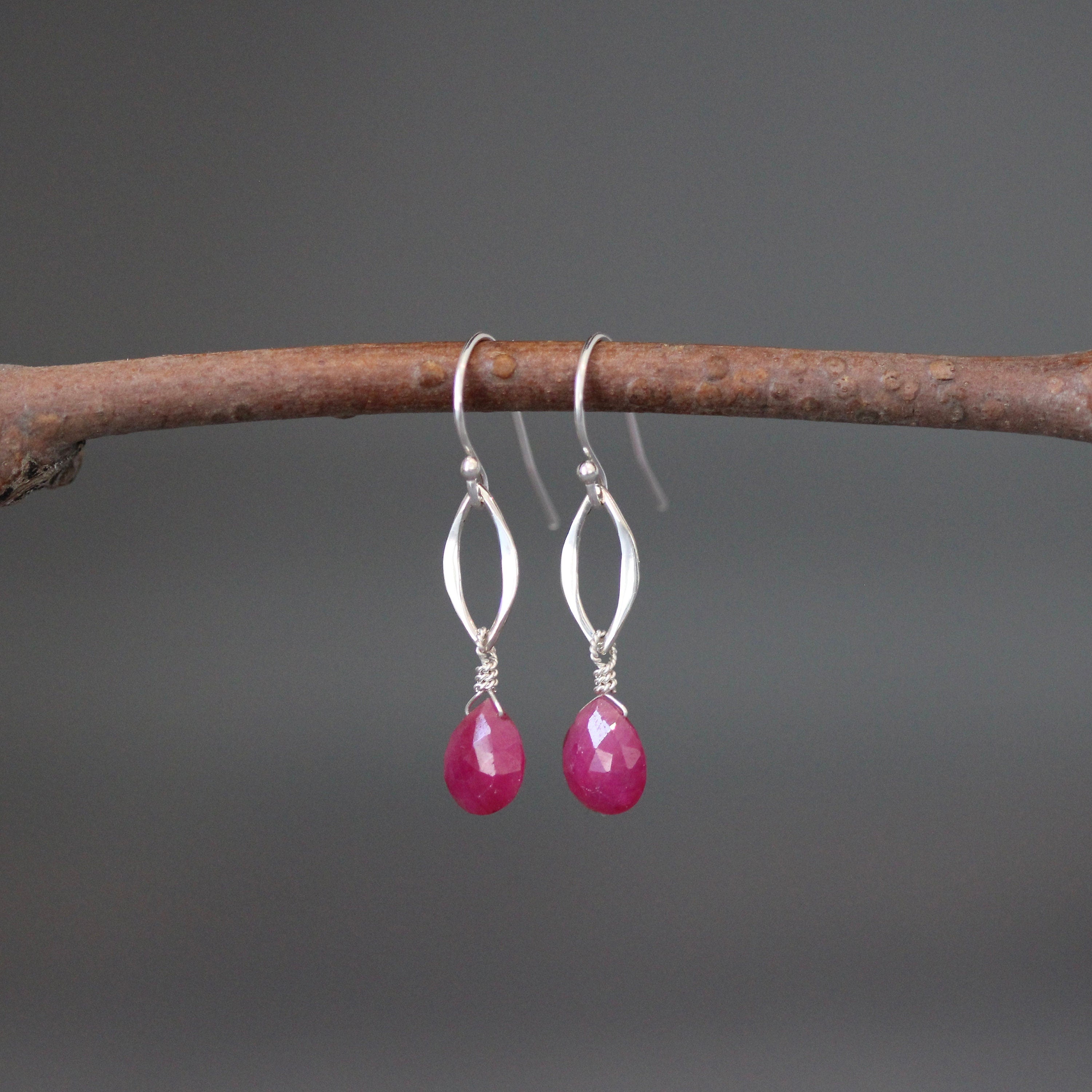 Pink Ruby Teardrop and Sterling Silver Marquise Link Dangle Earrings