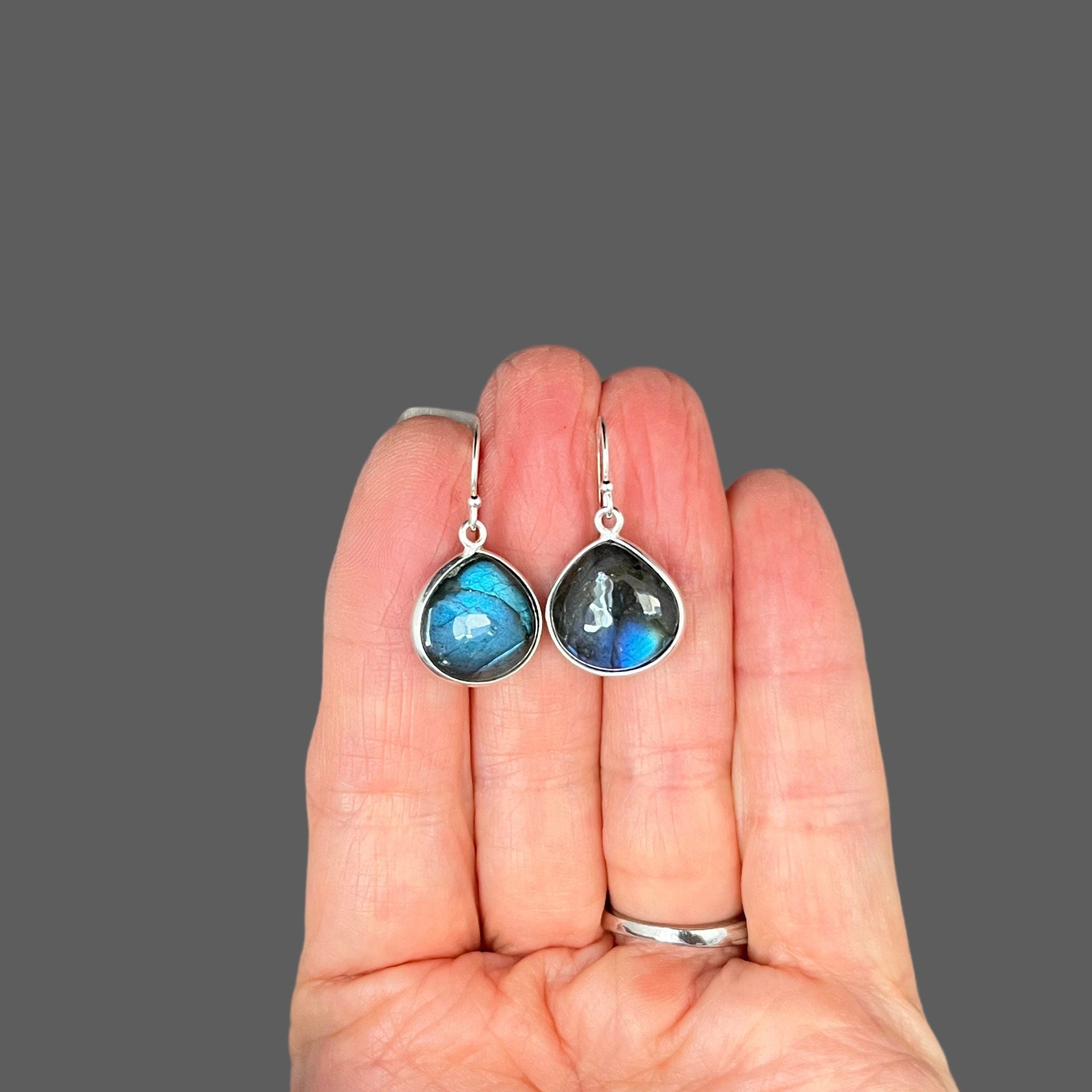 Blue Flash Labradorite Teardrop Bezel Dangle Earrings in Sterling Silver