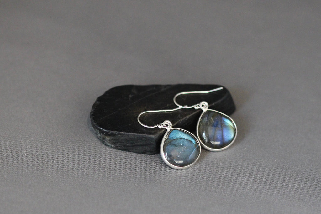 Blue Flash Labradorite Teardrop Bezel Dangle Earrings in Sterling Silver