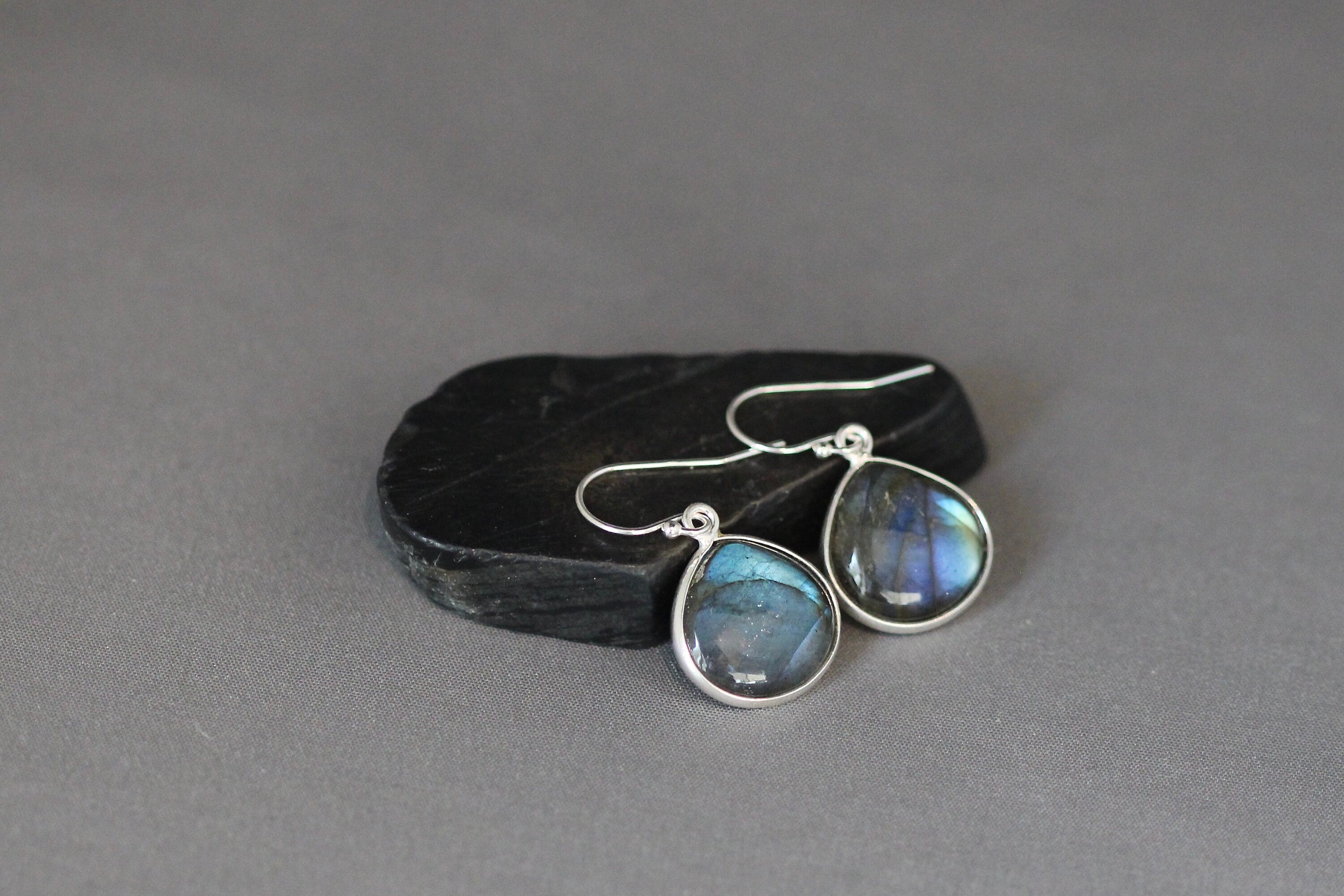 Blue Flash Labradorite Teardrop Bezel Dangle Earrings in Sterling Silver
