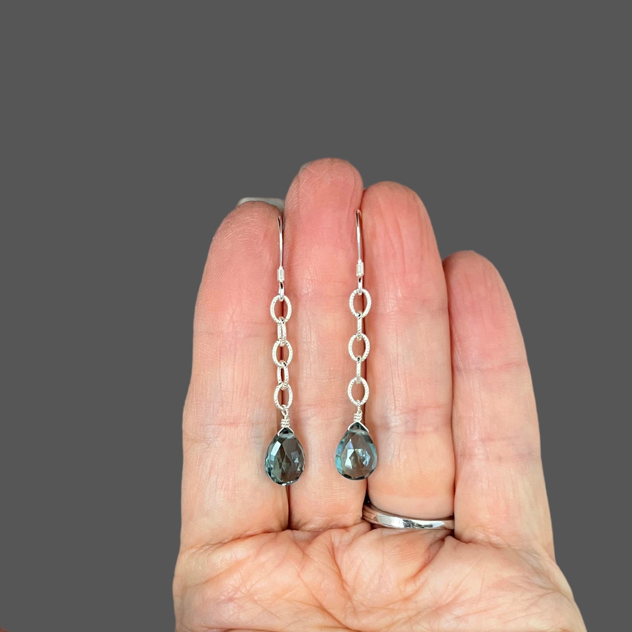 Teal Blue Quartz Teardrop Earrings on Sterling Silver Chain Links