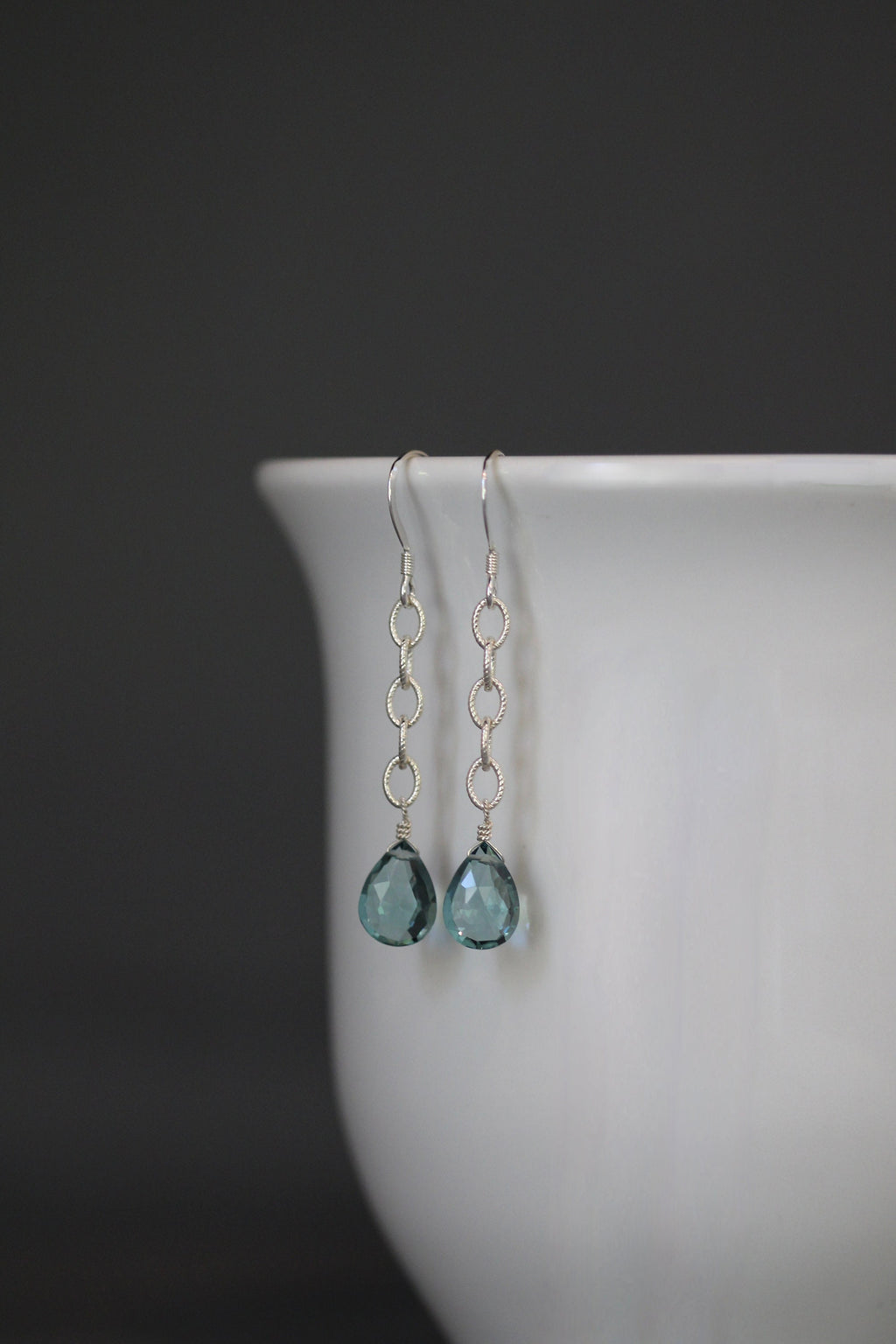 Teal Blue Quartz Teardrop Earrings on Sterling Silver Chain Links