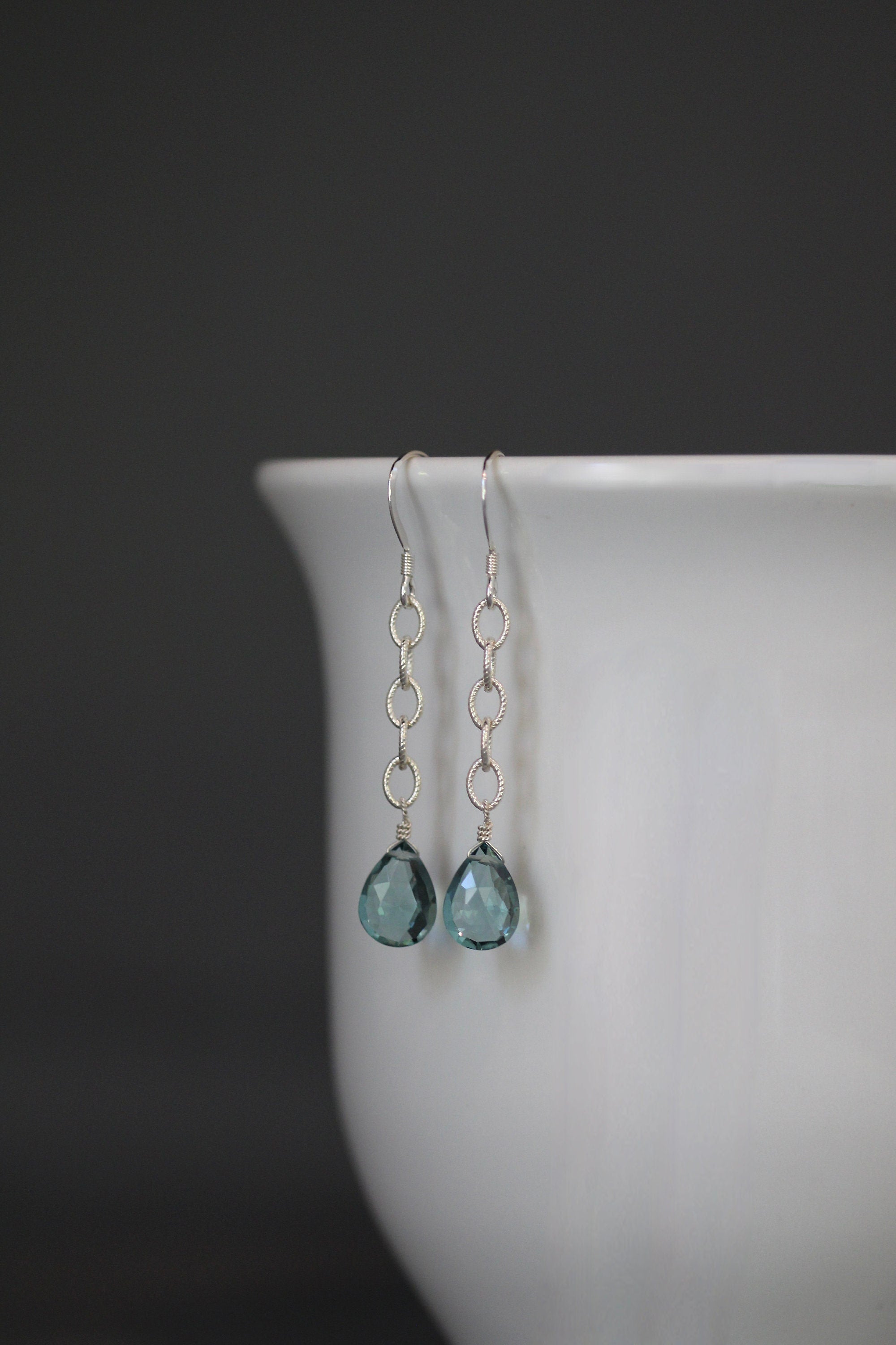 Teal Blue Quartz Teardrop Earrings on Sterling Silver Chain Links