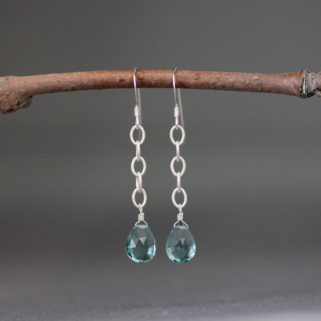 Teal Blue Quartz Teardrop Earrings on Sterling Silver Chain Links