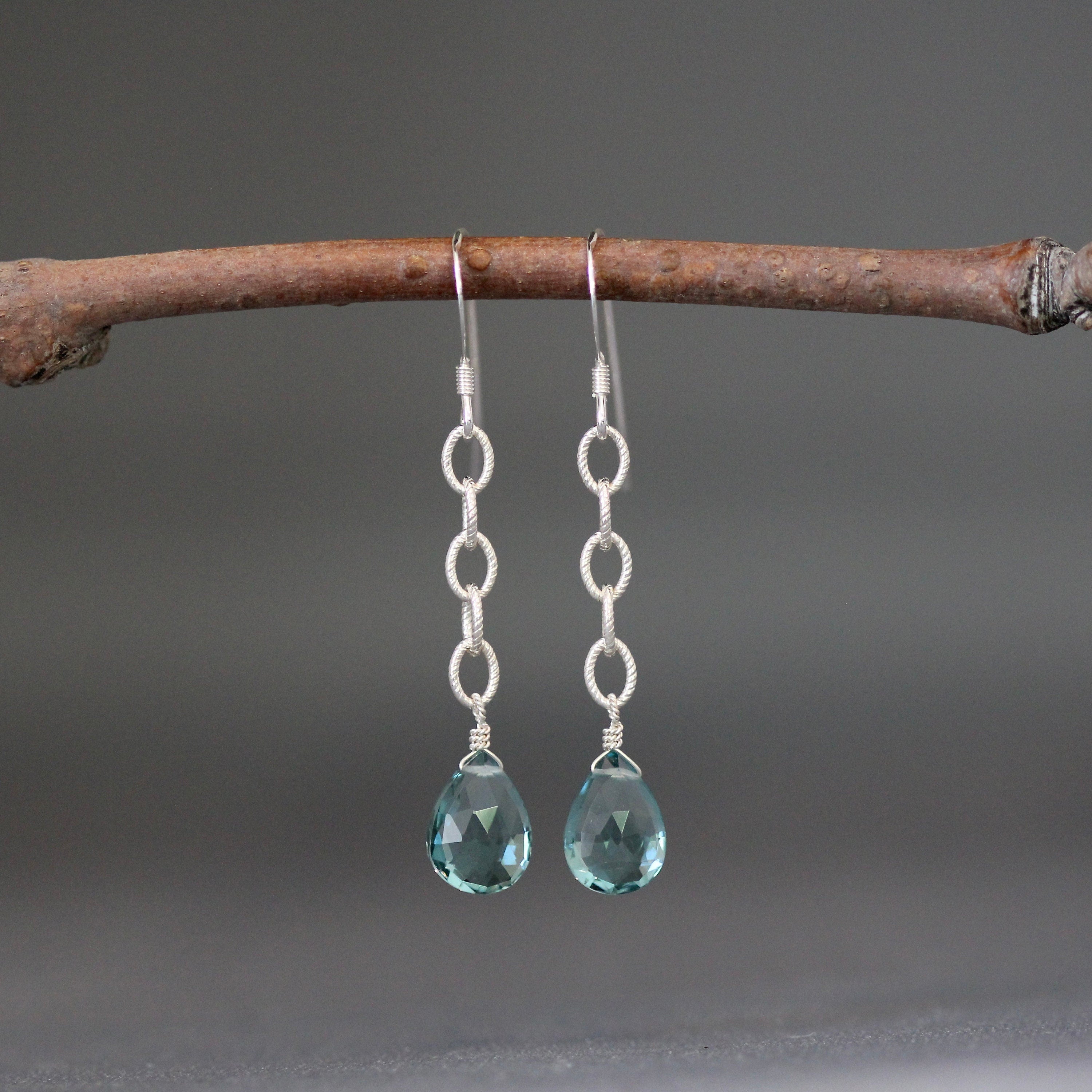 Teal Blue Quartz Teardrop Earrings on Sterling Silver Chain Links