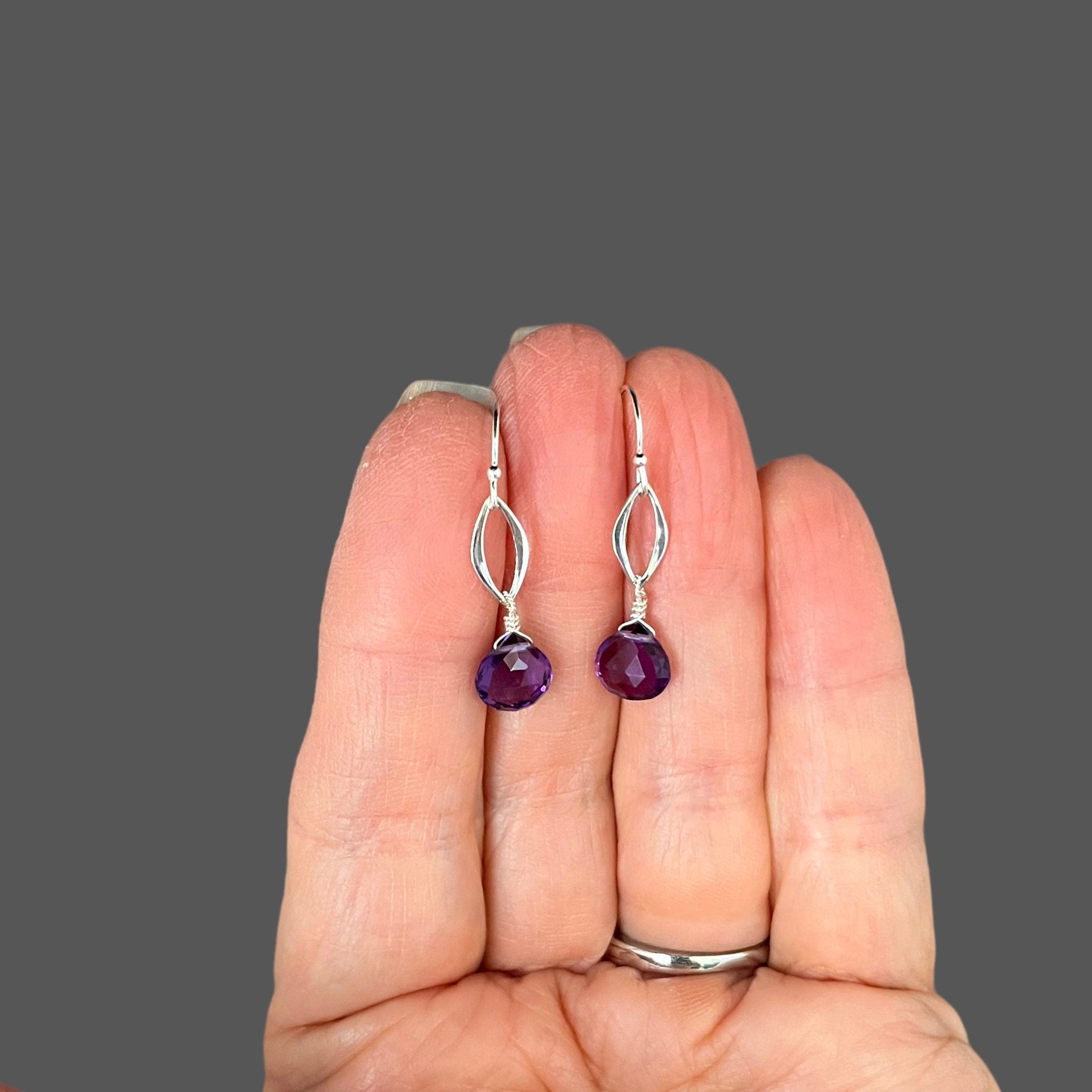Amethyst Teardrop and Sterling Silver Marquise Link Dangle Earrings