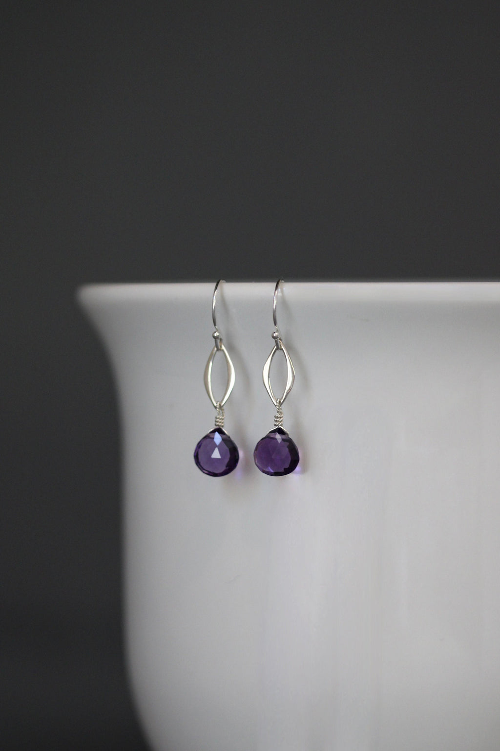 Amethyst Teardrop and Sterling Silver Marquise Link Dangle Earrings