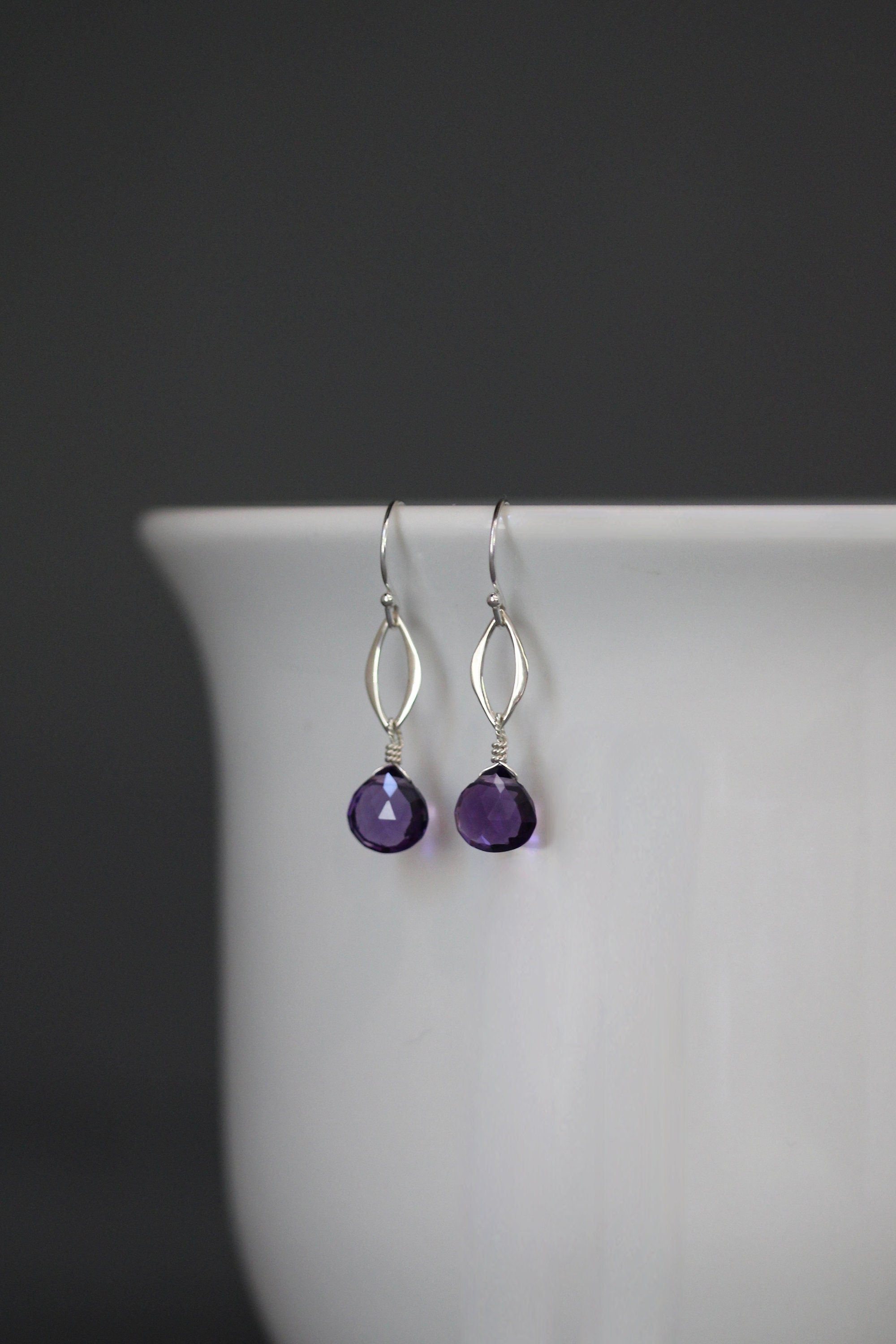 Amethyst Teardrop and Sterling Silver Marquise Link Dangle Earrings