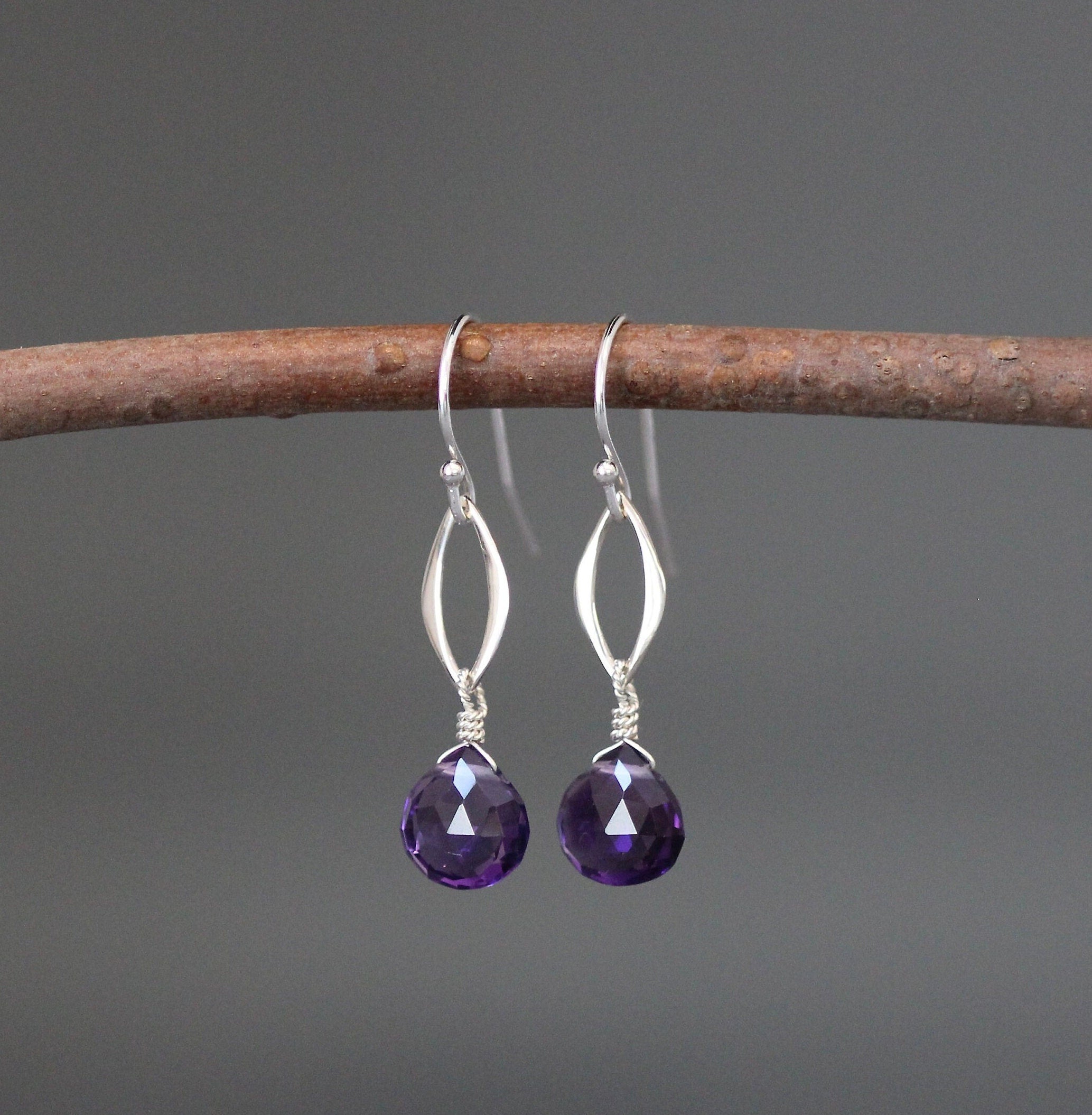 Amethyst Teardrop and Sterling Silver Marquise Link Dangle Earrings