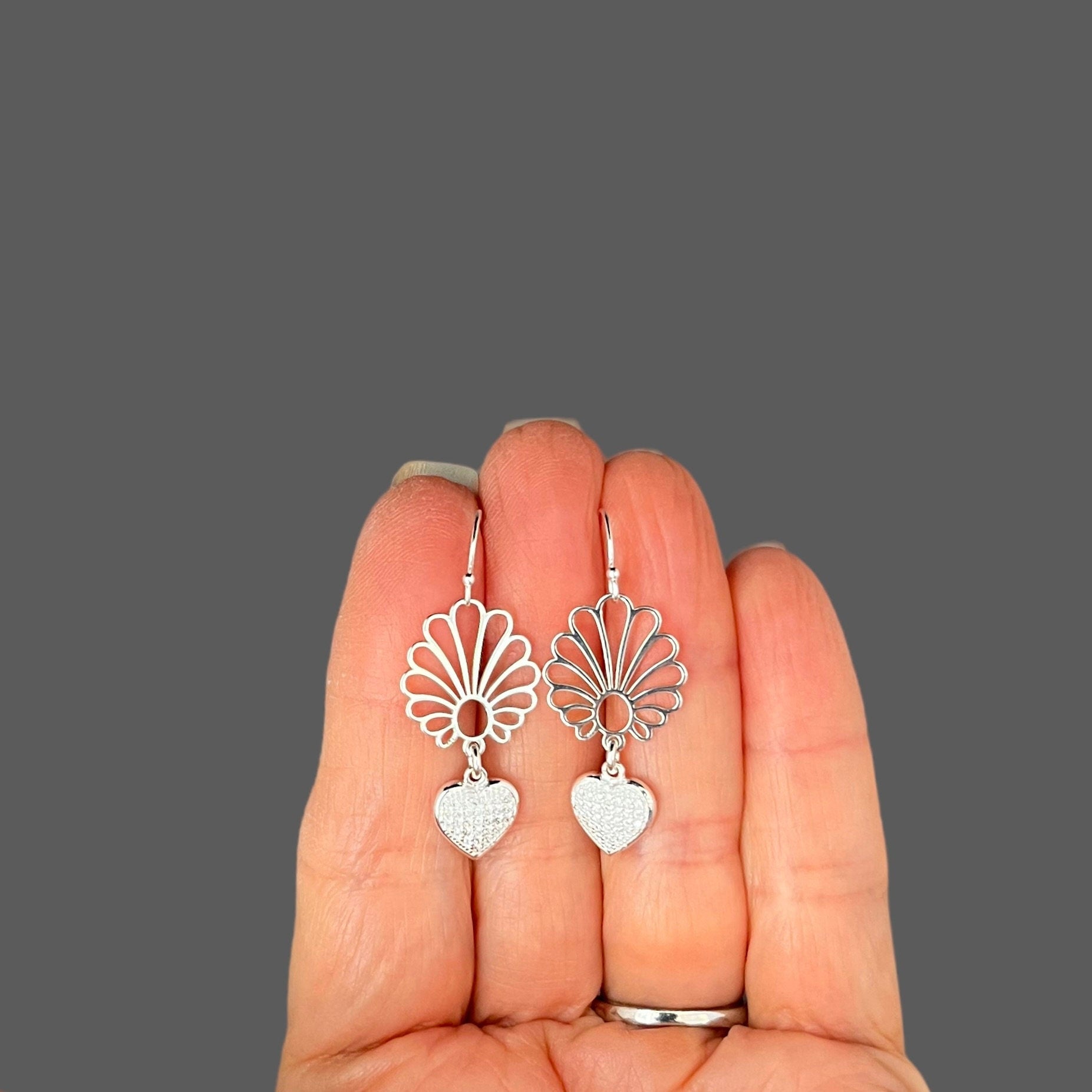 Cubic Zirconia Pave Heart Earrings with Silver Filigree