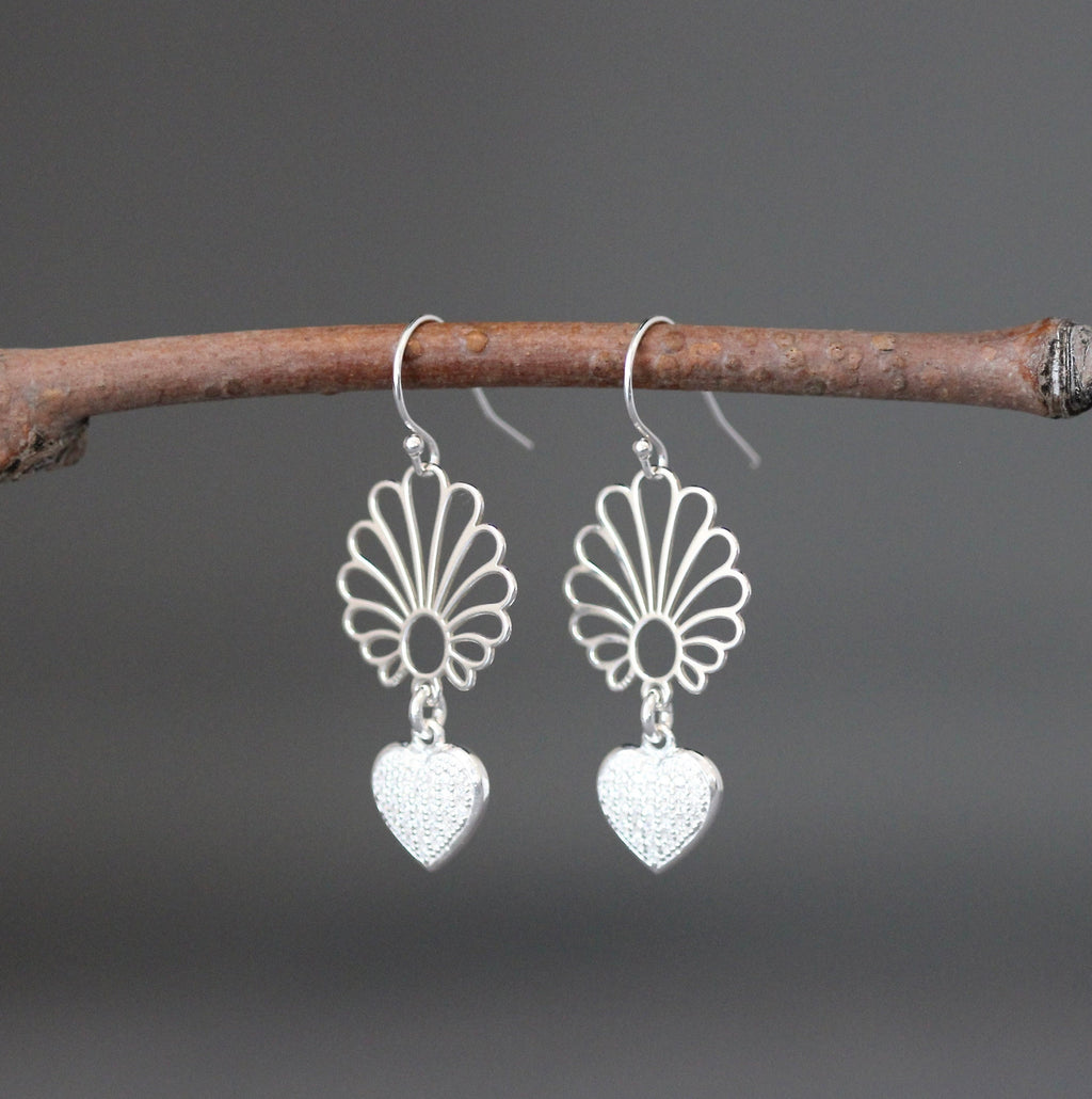 Cubic Zirconia Pave Heart Earrings with Silver Filigree