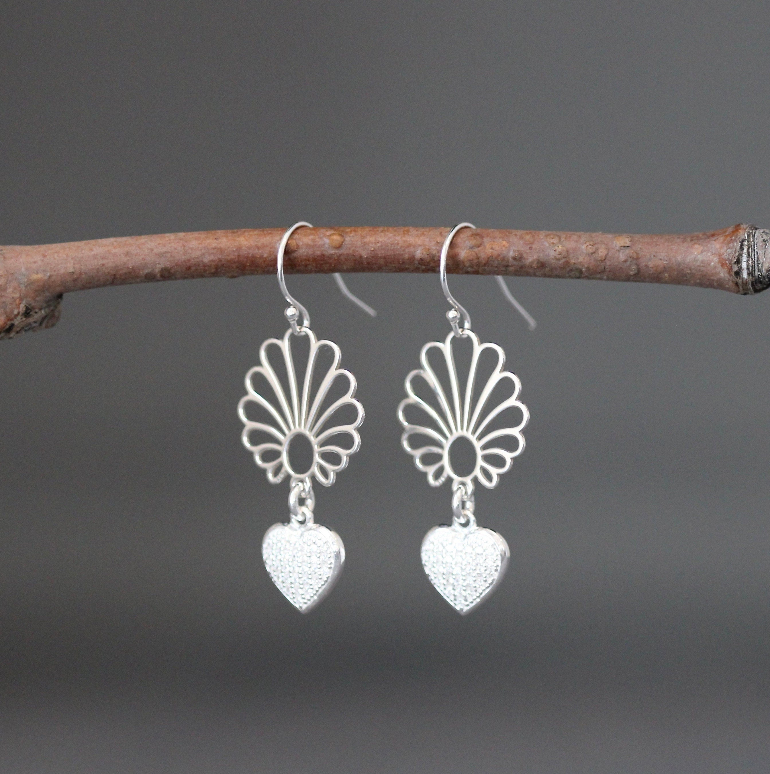 Cubic Zirconia Pave Heart Earrings with Silver Filigree