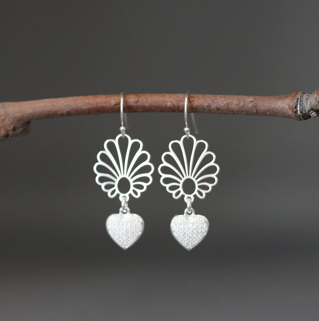 Cubic Zirconia Pave Heart Earrings with Silver Filigree
