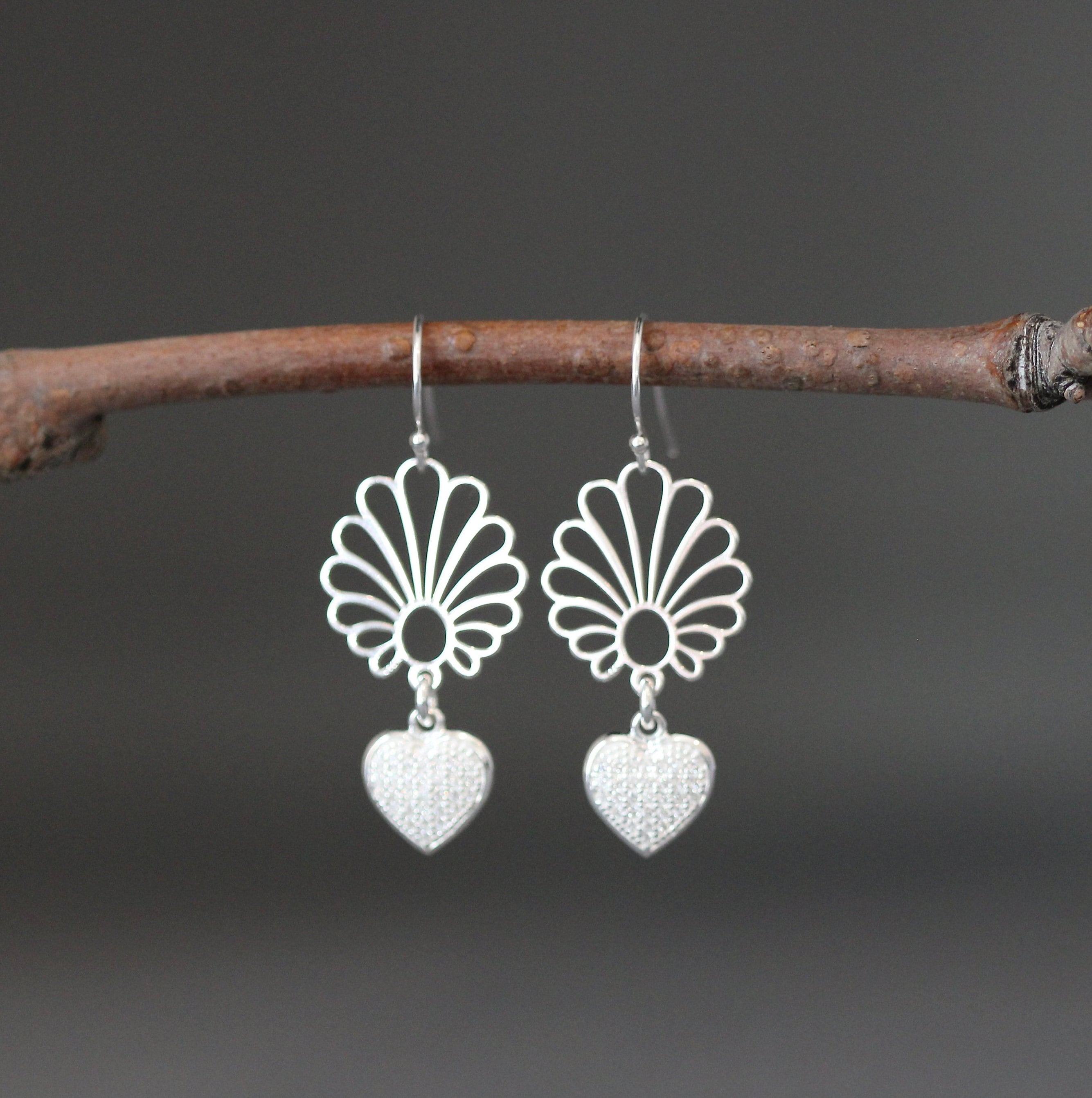 Cubic Zirconia Pave Heart Earrings with Silver Filigree