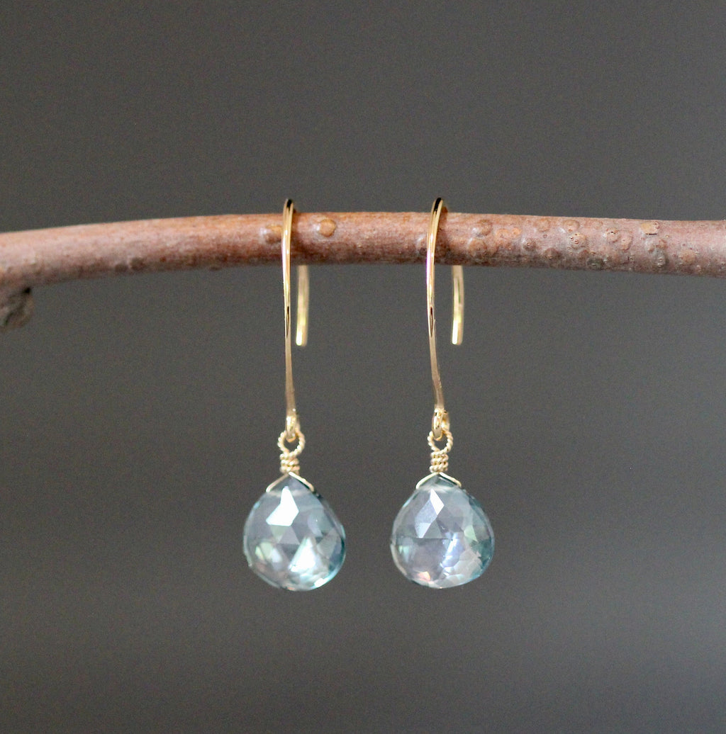 Green Mystic Quartz Teardrop Dangle Earrings on Gold Vermeil Earwires