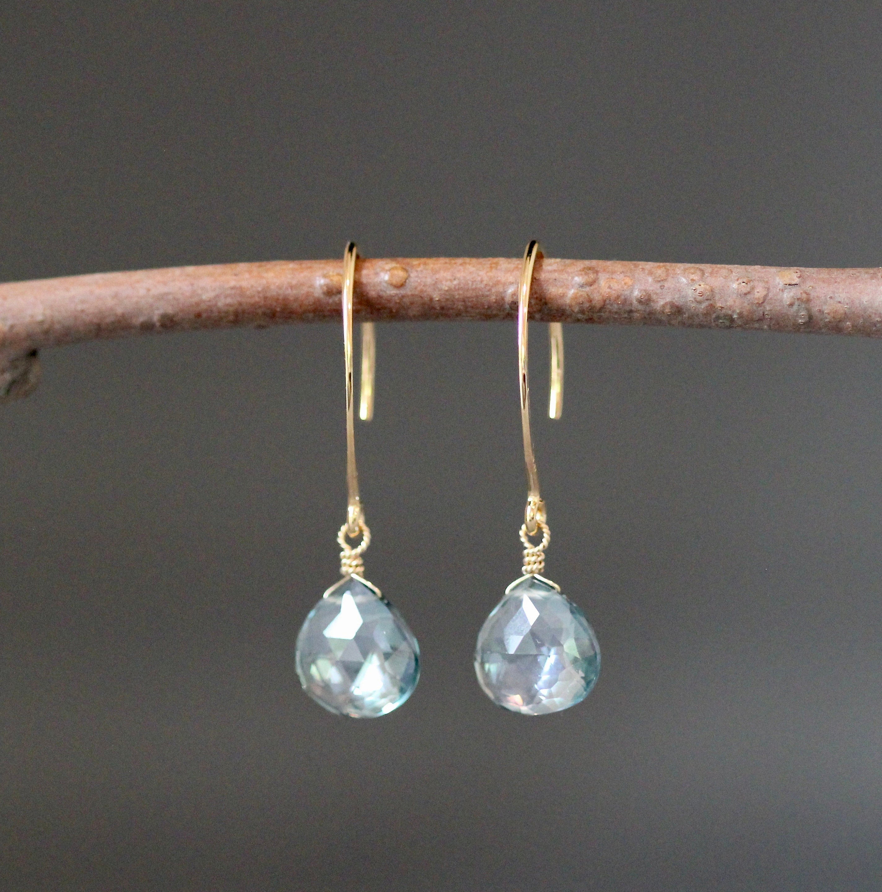 Green Mystic Quartz Teardrop Dangle Earrings on Gold Vermeil Earwires