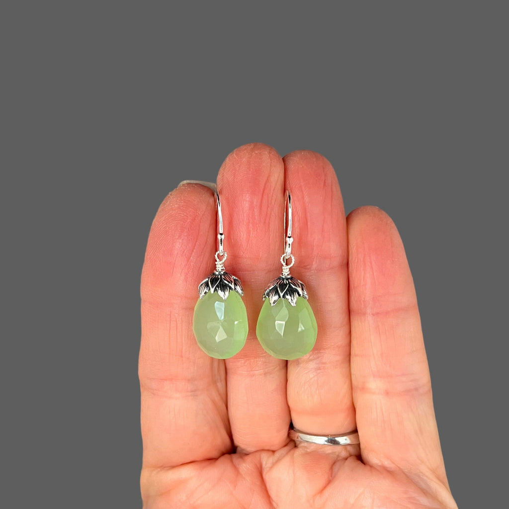 Green Chalcedony Teardrop Dangle Earrings with Bali Sterling Silver Caps