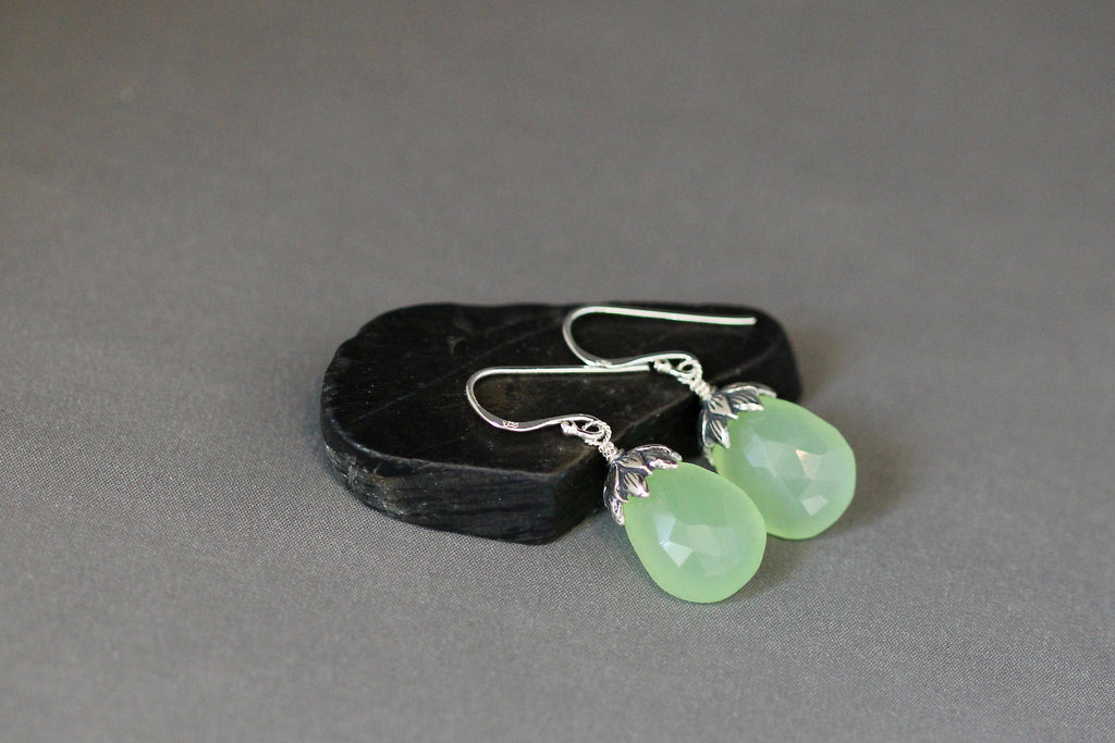 Green Chalcedony Teardrop Dangle Earrings with Bali Sterling Silver Caps